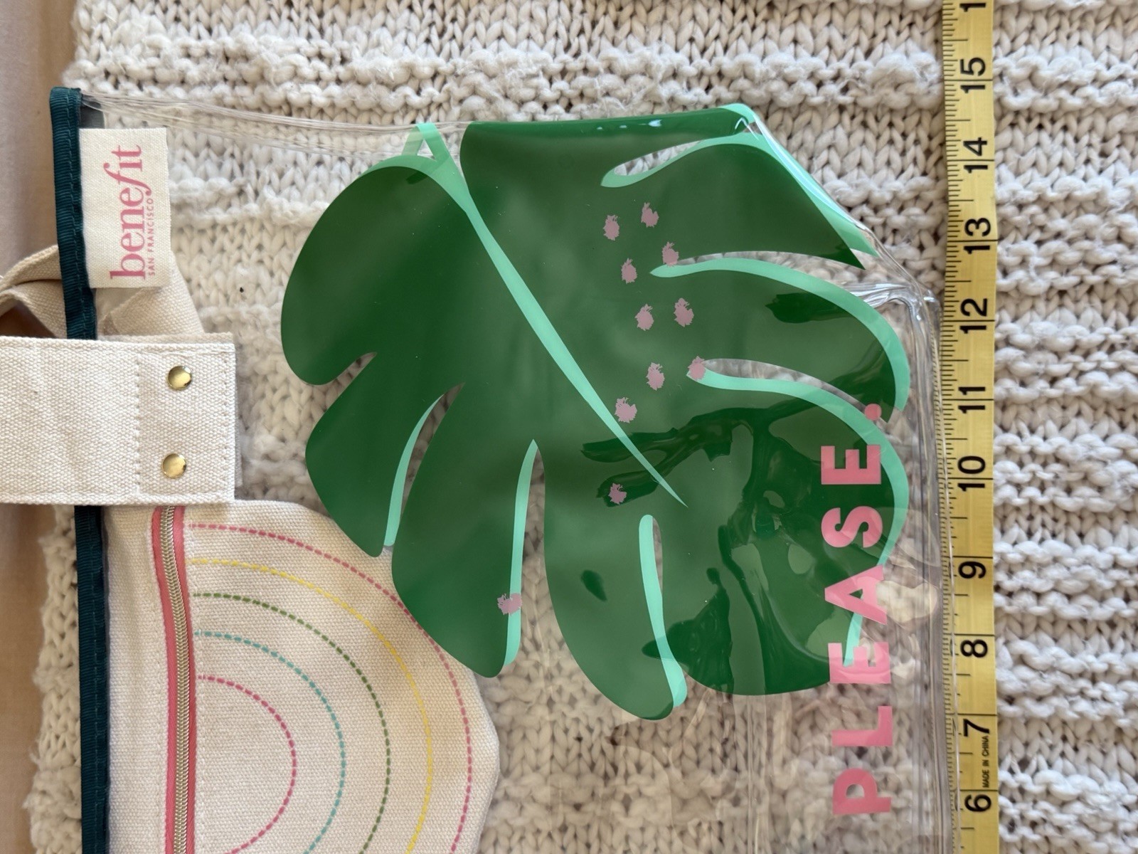 Benefit Beach Please Clear PVC Beach Tote Bag Tropical Leaves w Zip Pouch EUC