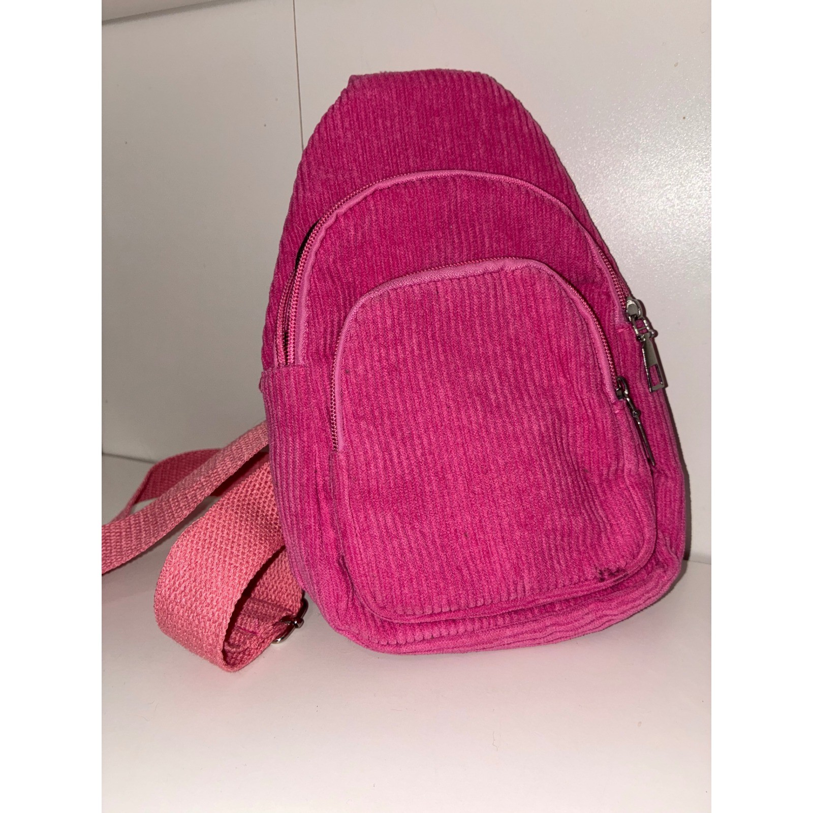 Hot Pink Corduroy Sling Bag Crossbody Backpack Small Travel Festival Bag