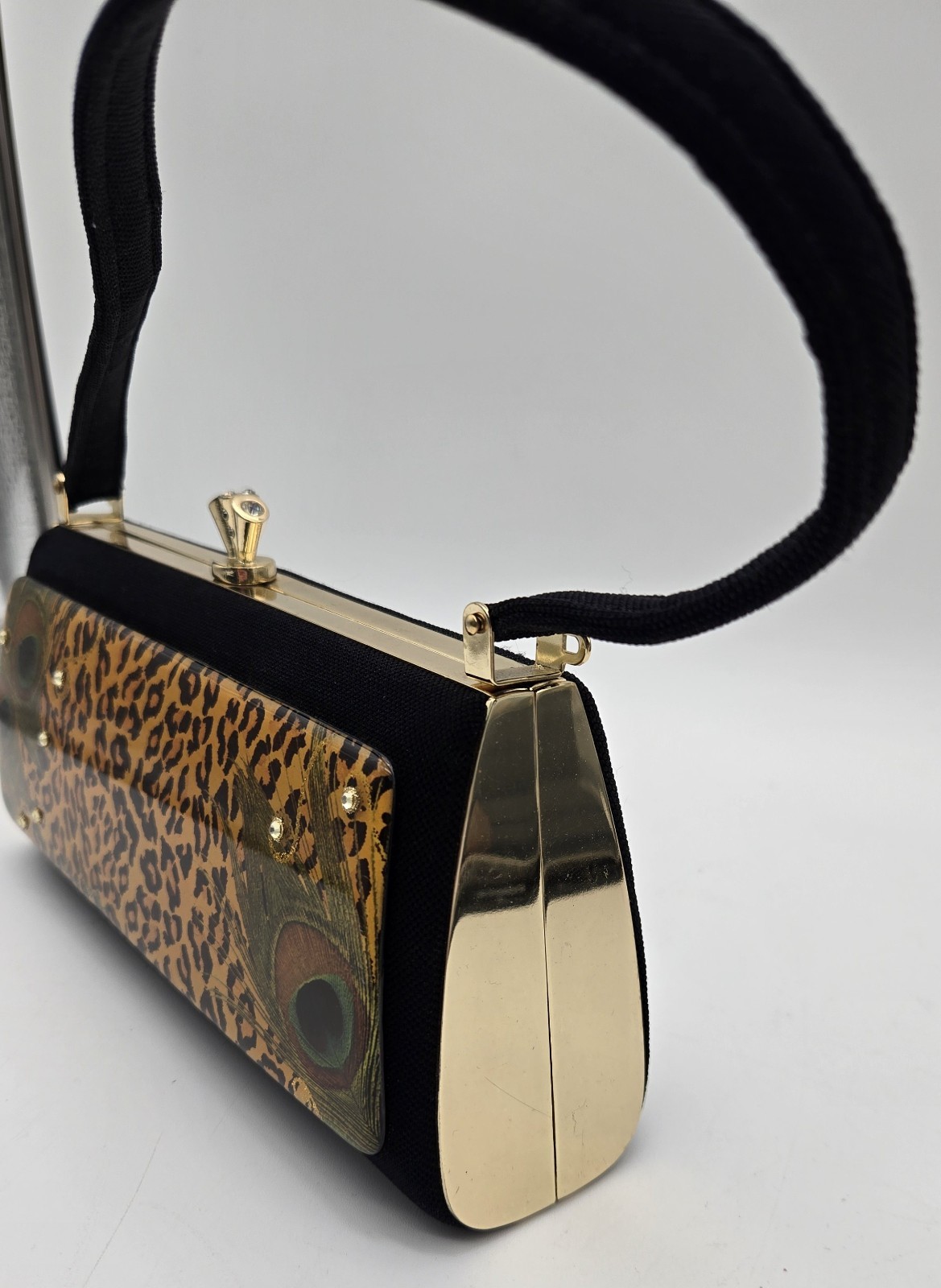 Debbie Brooks Signed Peacock Leopard Gold And Black Rhinestone Hand Bag