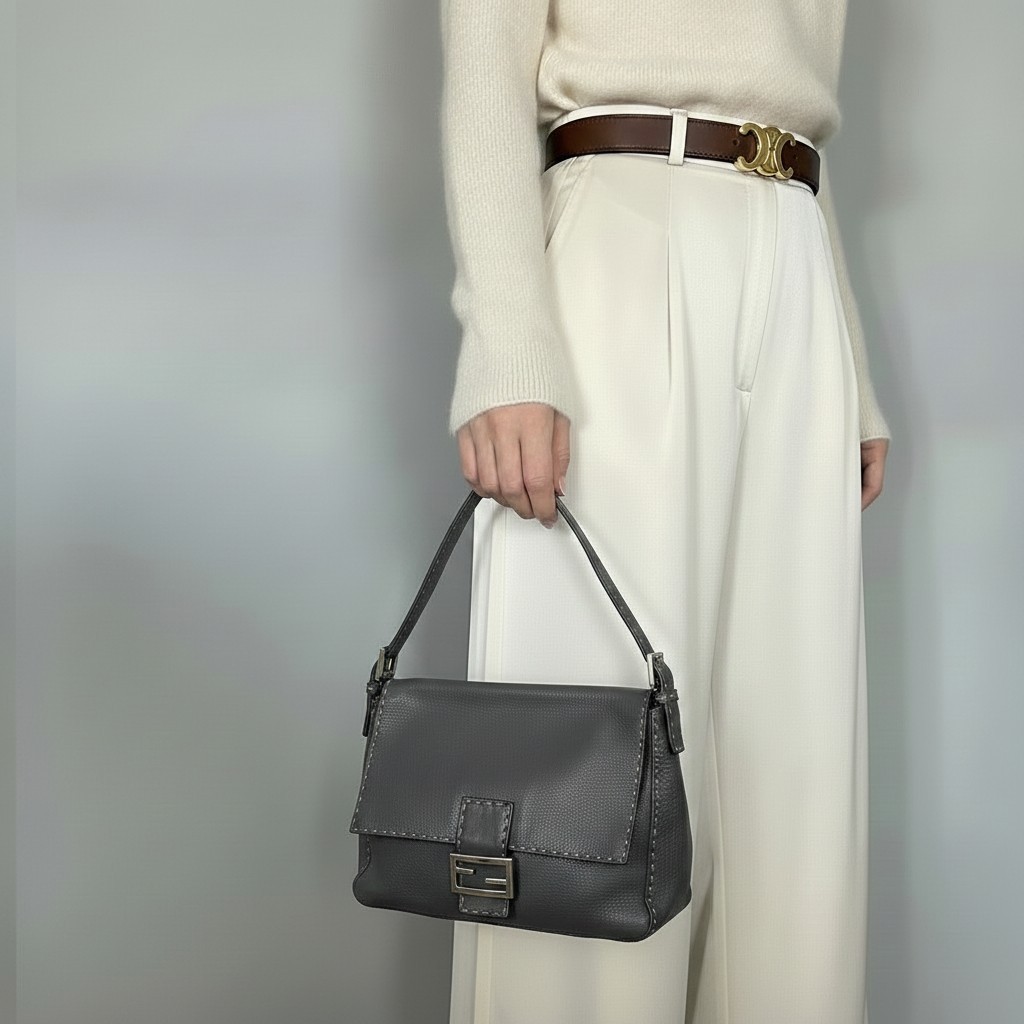 FENDI Selleria Mamma Baguette Hand Bag Gray Leather