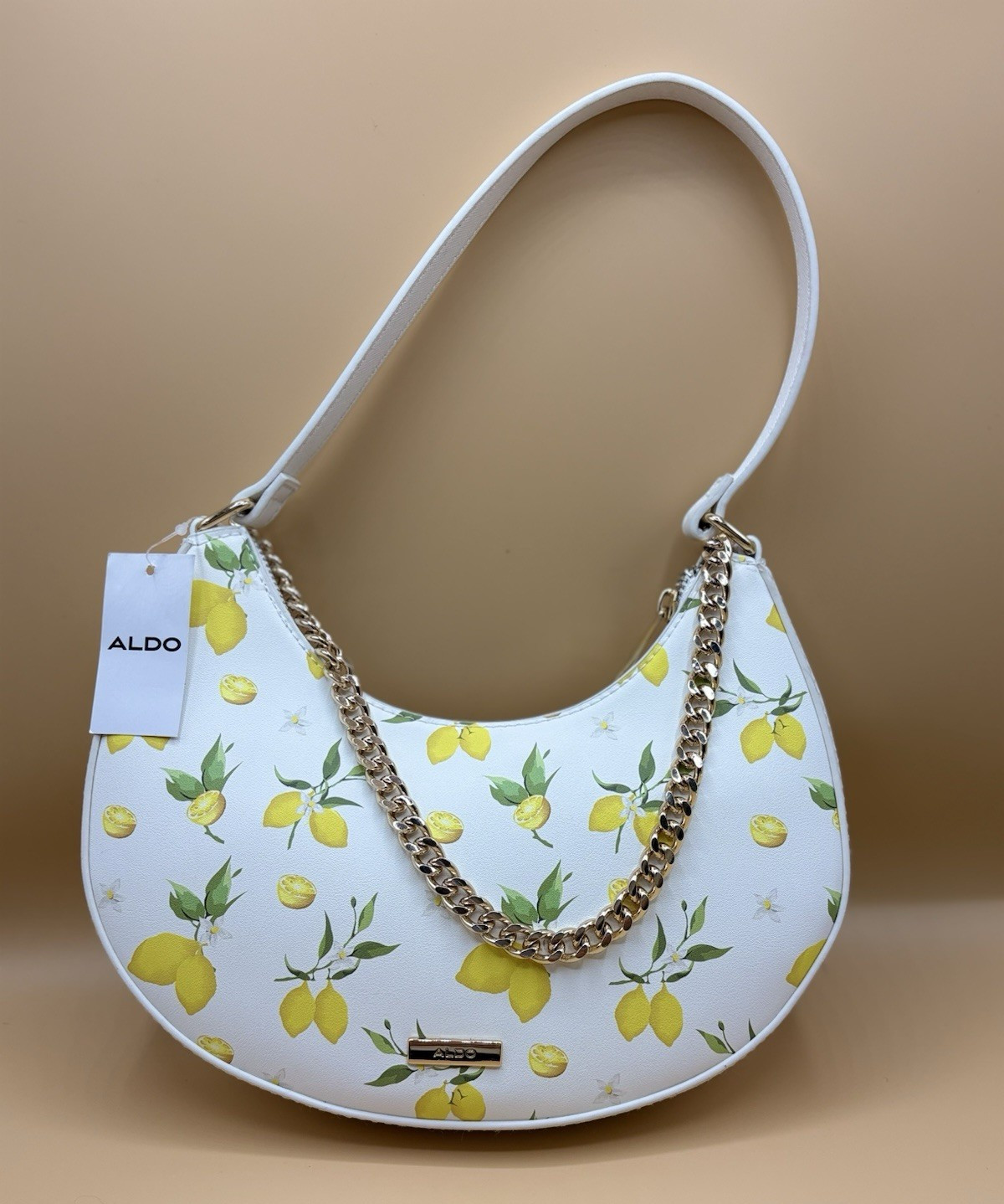 ALDO Crescent Shoulder Bag White Lemon Print Gold Chain Strap Zip Closure