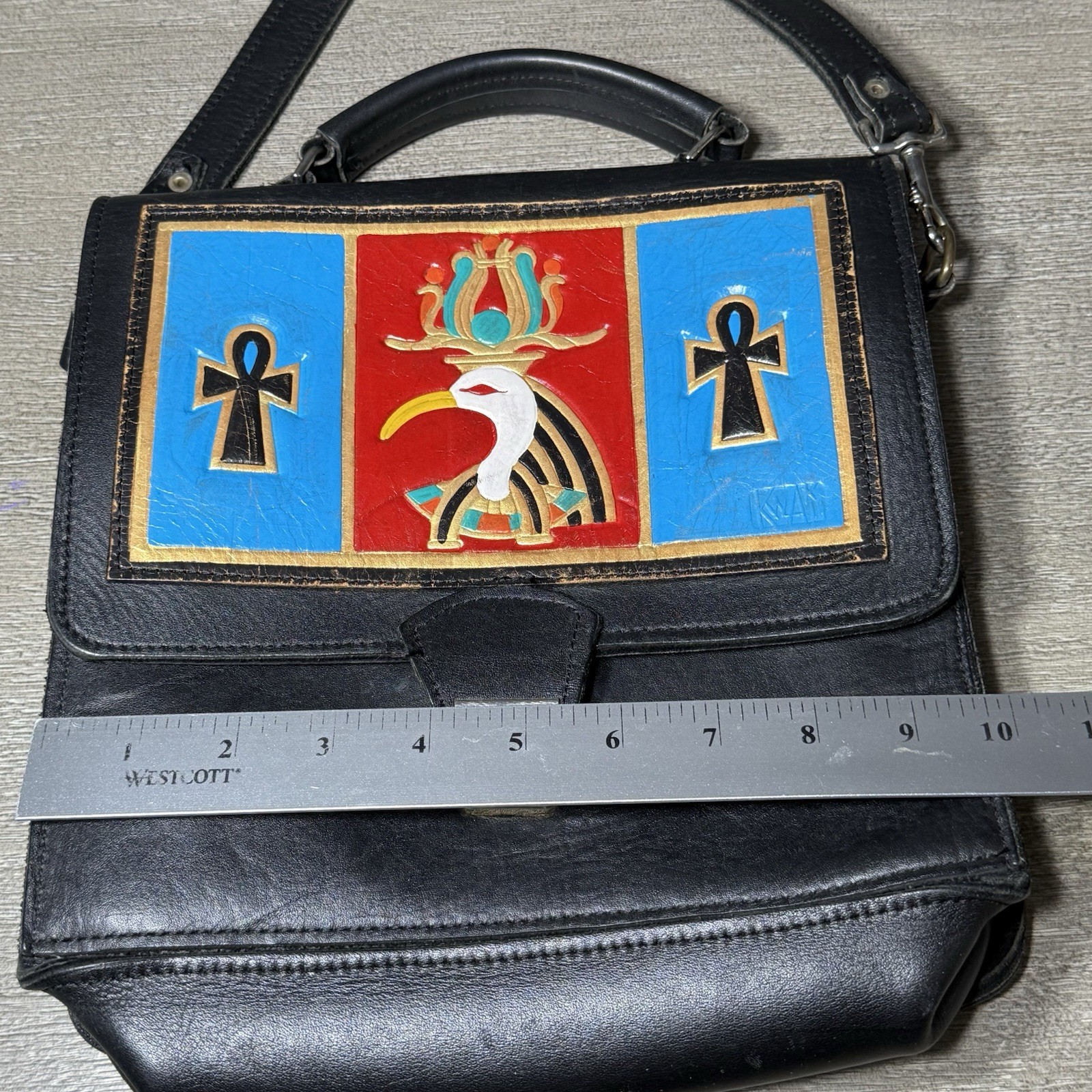 Vintage Black Leather Kwakh Crossbody Bag Hand Painted Egyption Pinch Latch