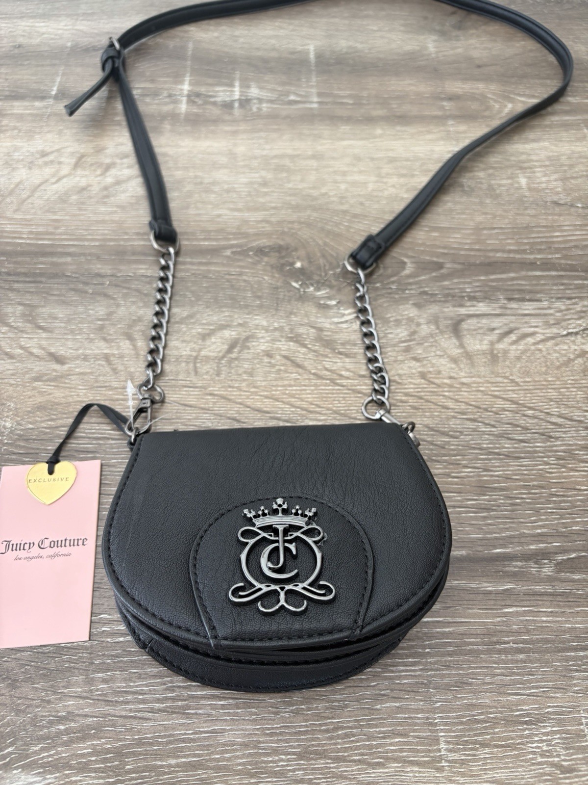 Juicy Couture Black Half Moon Small Crossbody Chain Strap Pink Logo Lining