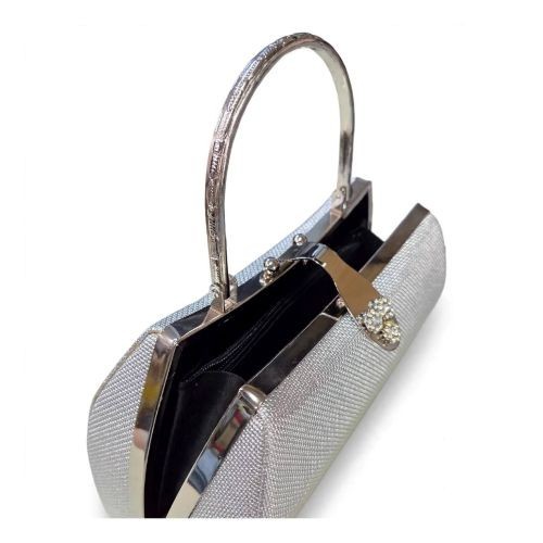 Silver Glitter Evening Clutch Purse Rhinestone Floral Hard Case Wedding Bag New