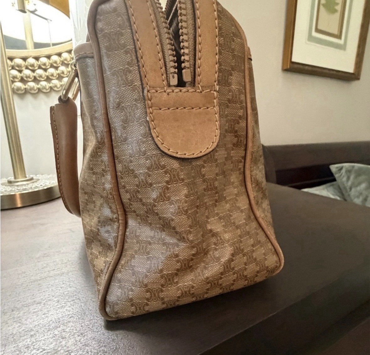 Authentic Vintage Celine Macadam Boston Bag Brown PVC Leather Satchel