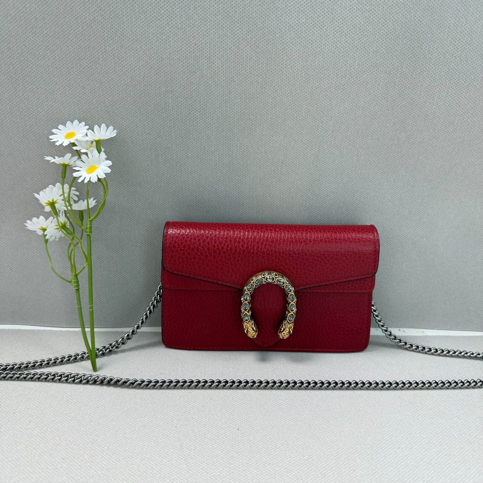 AUTH Gucci Dionysus Red Super Mini Shoulder Bag Pebble Leather WOC Silver Chain