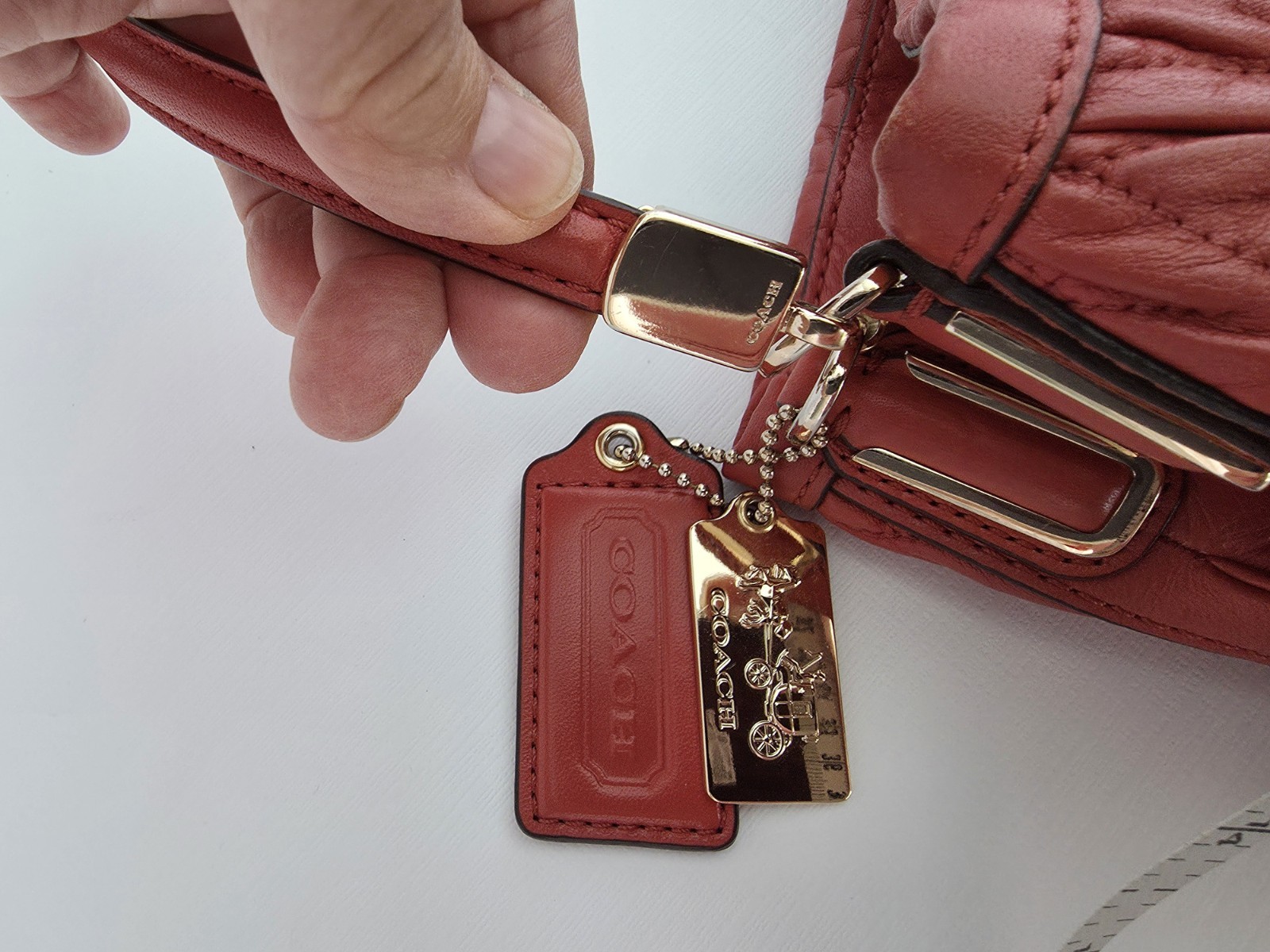 COACH 25260 Madison Phoebe Red Large Ruched Shoulder Bag Gold Hardware Charm EUC