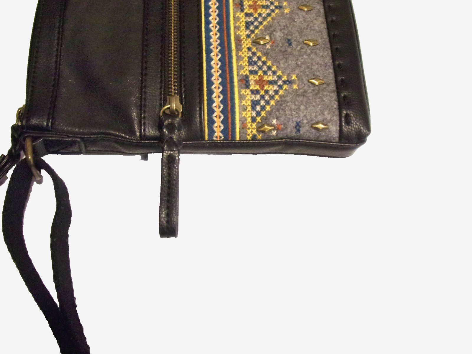 The Sak Indio Black Glazed Smooth Genuine Leather Tapestry Piecing CB Handbag