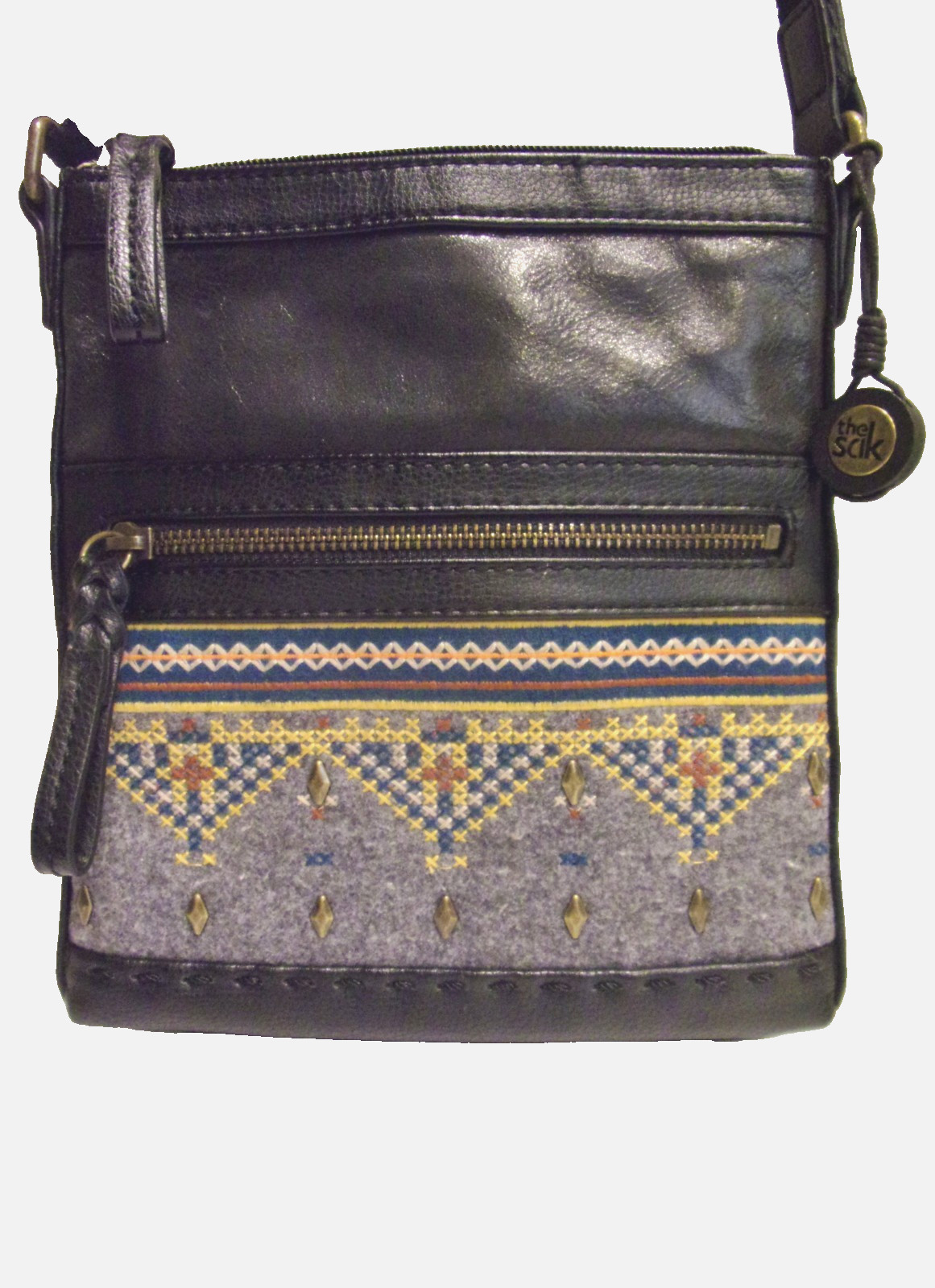 The Sak Indio Black Glazed Smooth Genuine Leather Tapestry Piecing CB Handbag