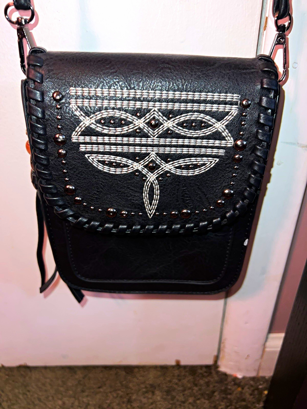 Small Black Women’s Adjustable Crossbody Bag Studded Flap Fringe Charm Western