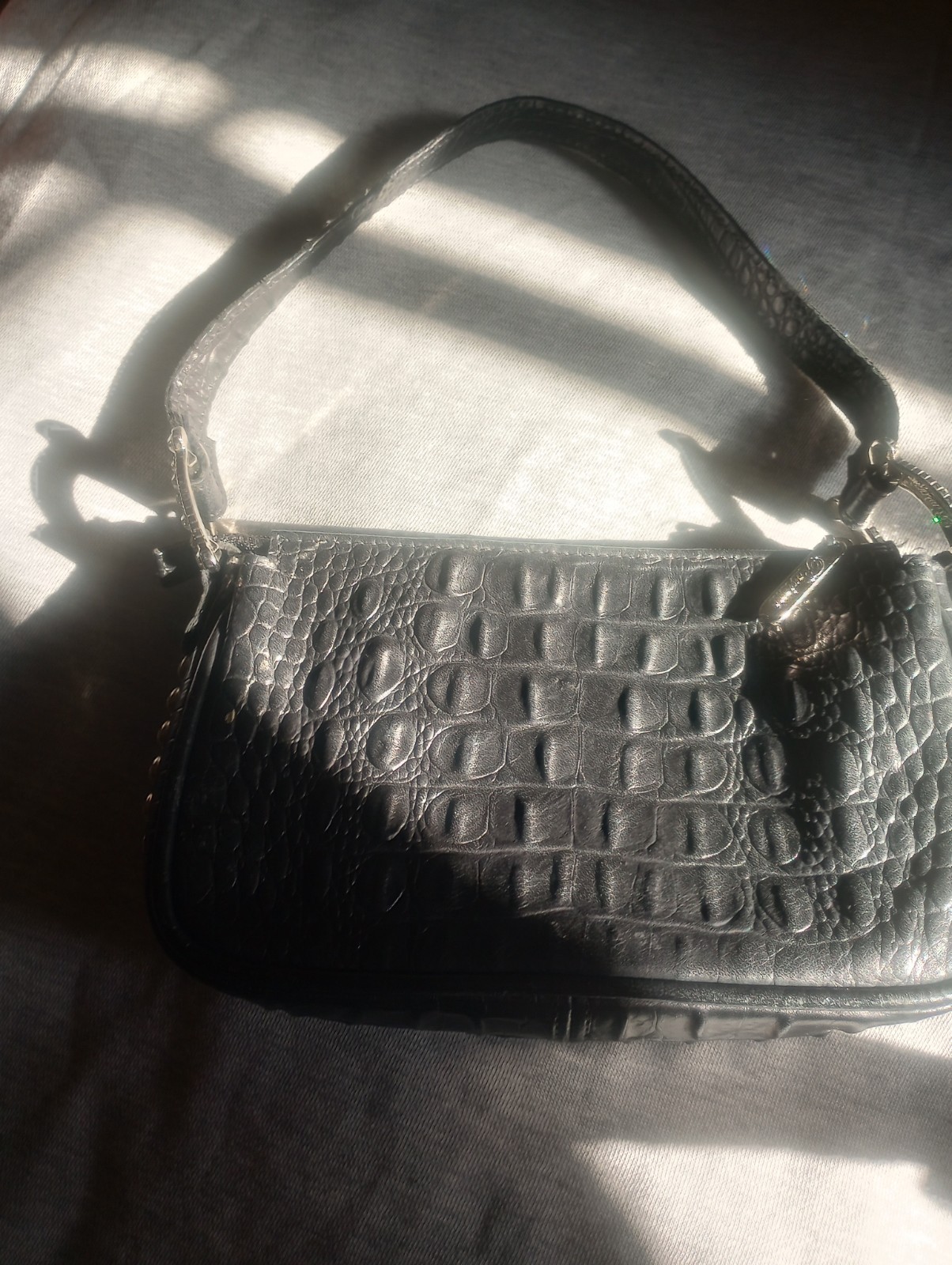 Raviani Black Croc Embossed Shoulder Bag Zip Rhinestone Fleur-de-lis