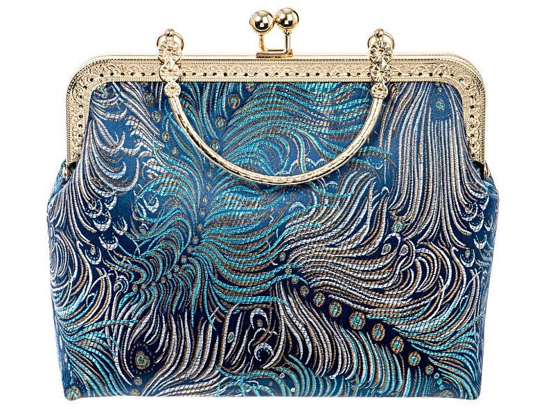 Off Park Collection Gold Antique Tone Peacock Fabric Convertible Handbag NEW
