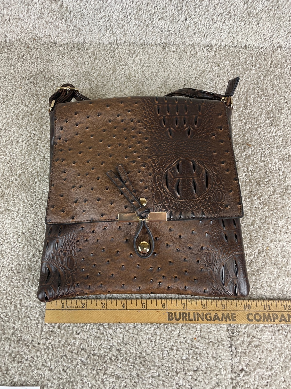Jordache Crossbody Bag Purse Embossed Faux Leather Ostrich Strap Brown