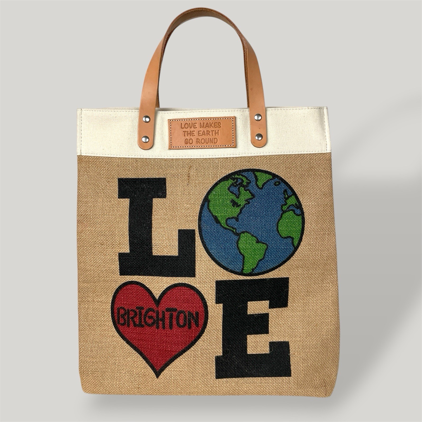 Brighton Jute Tote Bag Shopper Leather Handles “Love The Earth” Graphics