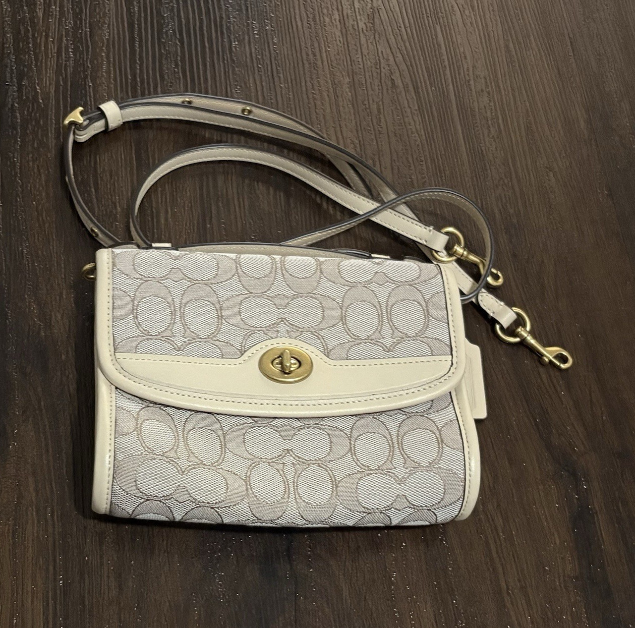 Coach Signature Logo Small Crossbody Bag Turn Lock Beige/Gray Gold Hardware