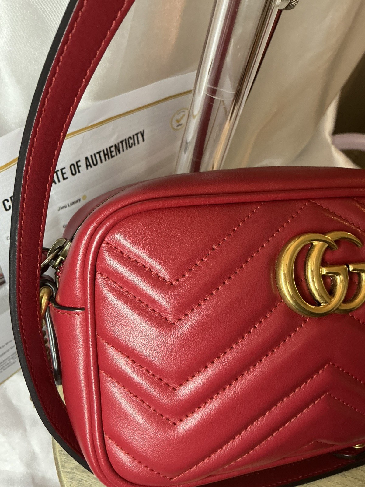 Authentic Gucci GG Marmont 2.0 Red Leather Chevron Camera Crossbody w COA