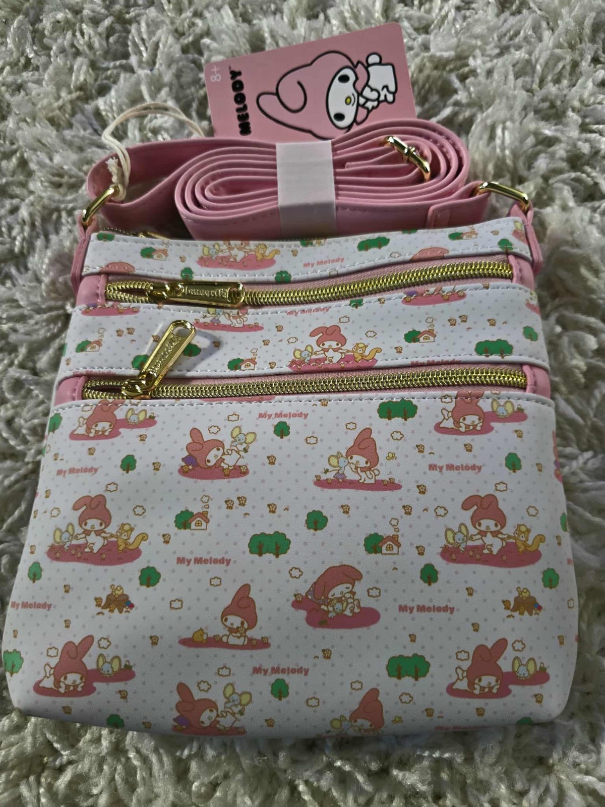 Loungefly Sanrio My Melody Allover Print Crossbody Bag Pink Zippered Pockets NEW