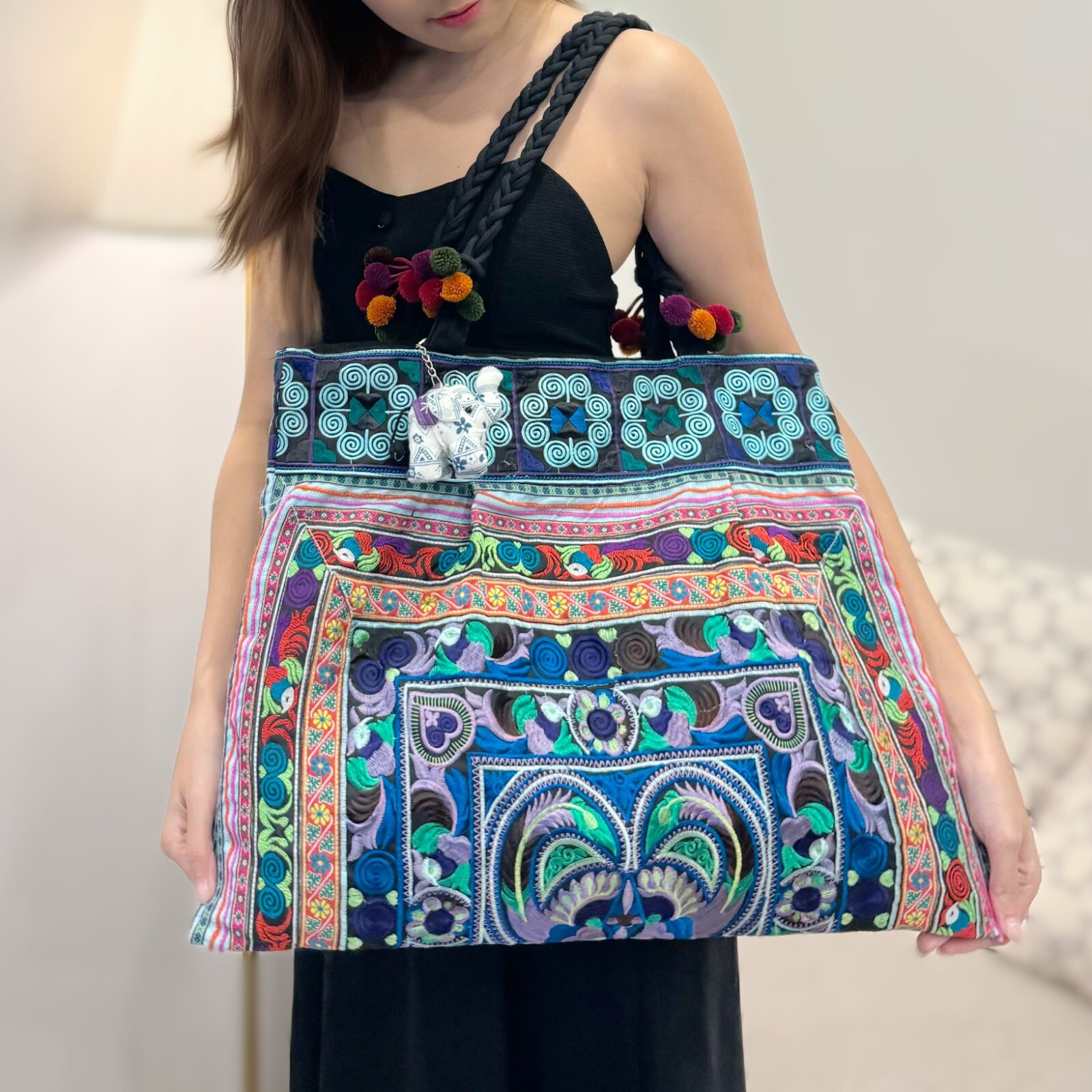 Authentic Bird Pattern Hmong Tribe Embroidered Tote Bag Large Size with Pom Pom