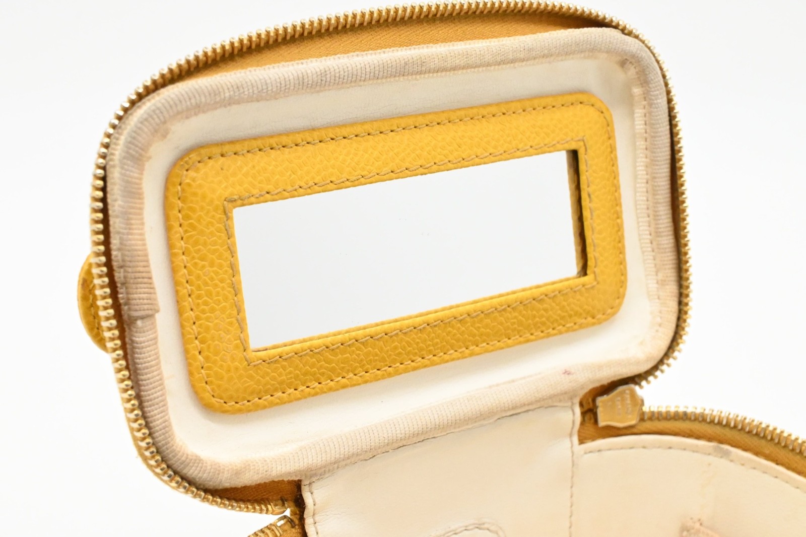 Chanel COCO Mark Vanity Handbag Caviar Calf Leather Yellow with Mirror Vintage