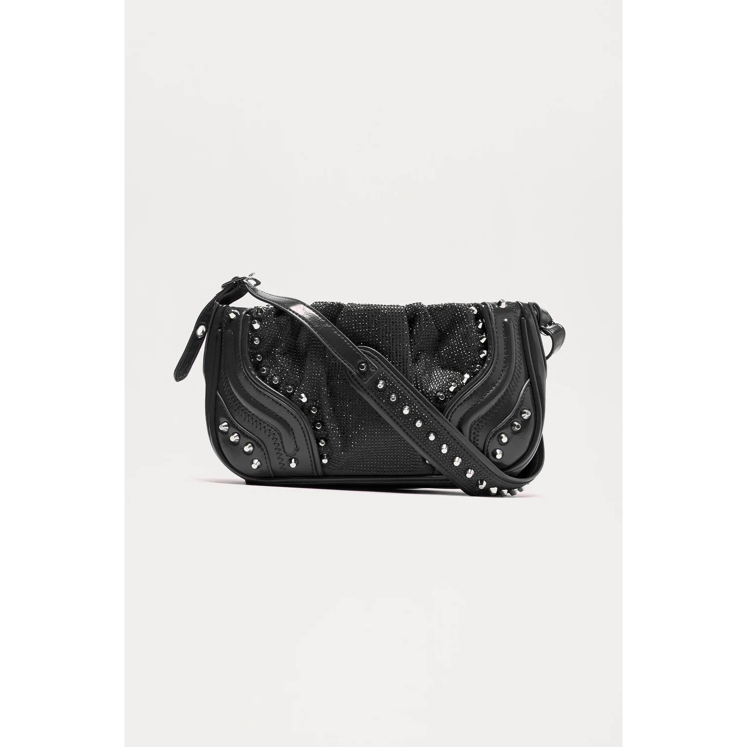 Fashion Nova Black Studded Rhinestone Moto Shoulder Bag