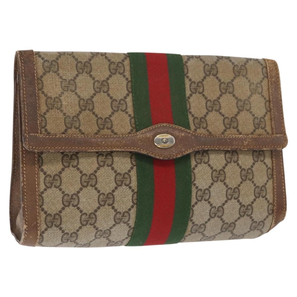 GUCCI GG Supreme Web Sherry Line Clutch Bag PVC Beige Gold 89 01 006 Auth BA9104