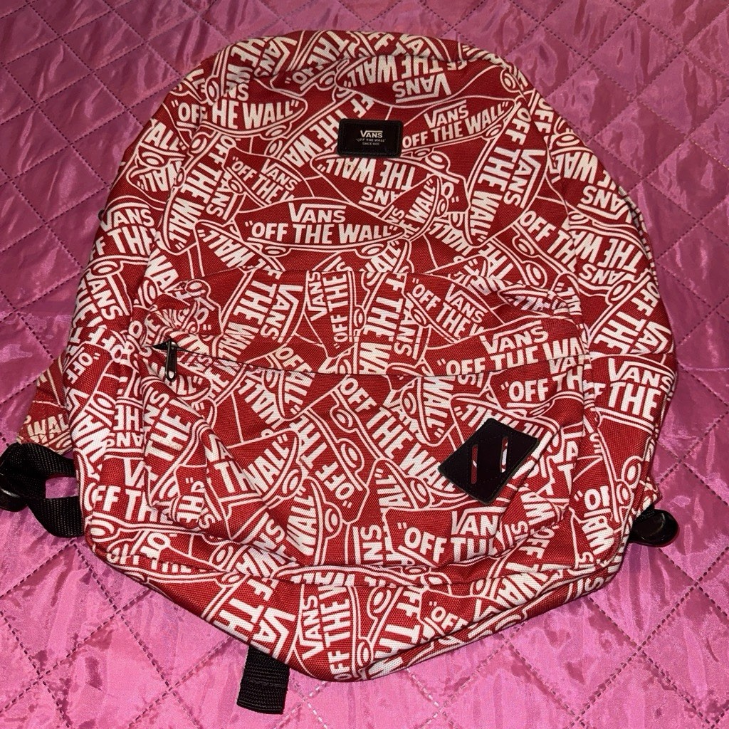 VANS Off The Wall Medium Backpack Red White Black Logo Zip, Adj Strap Pockets