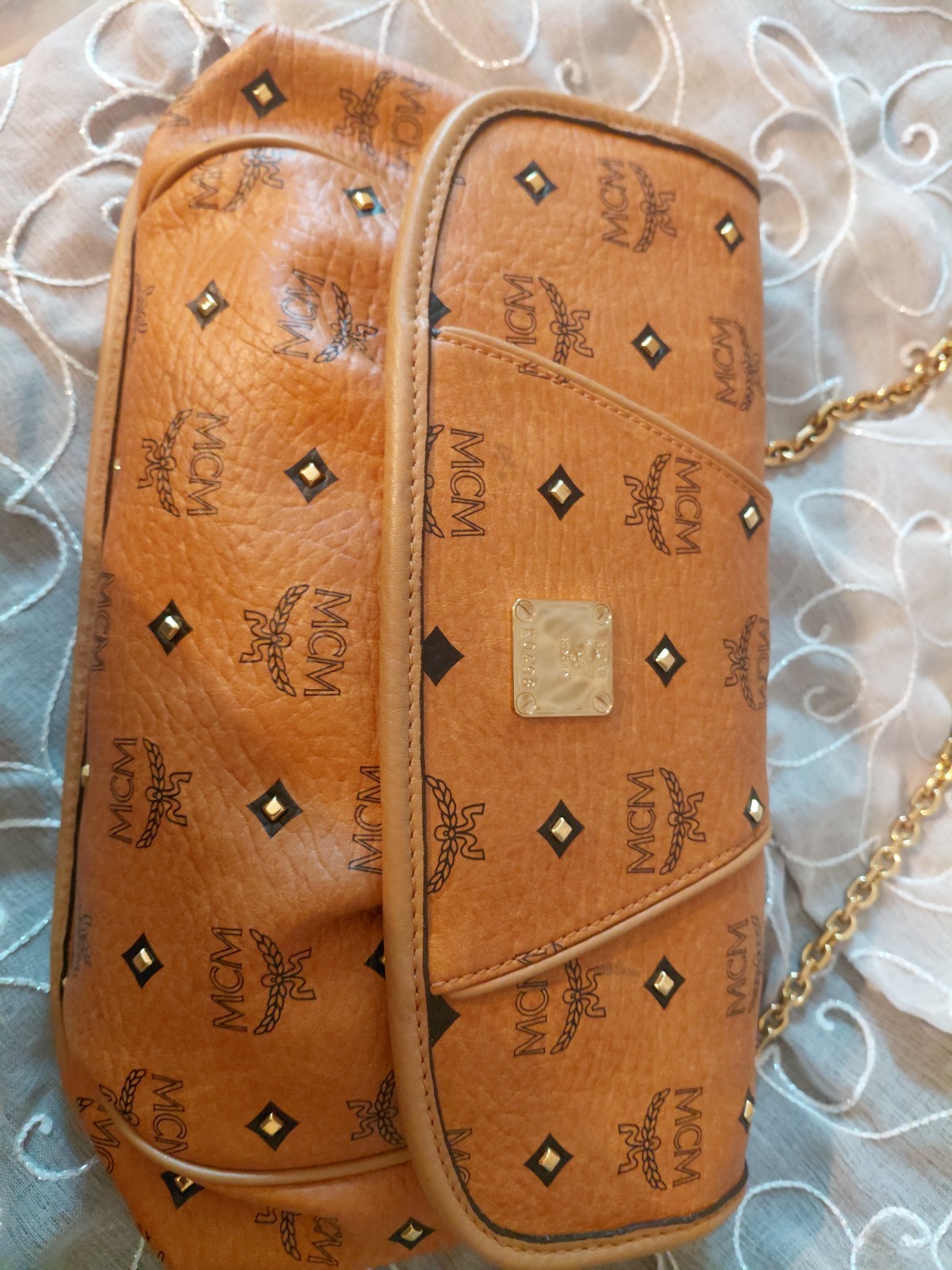 Rare Vintage MCM Visetos Chain Flap Shoulder Bag Purse Cognac
