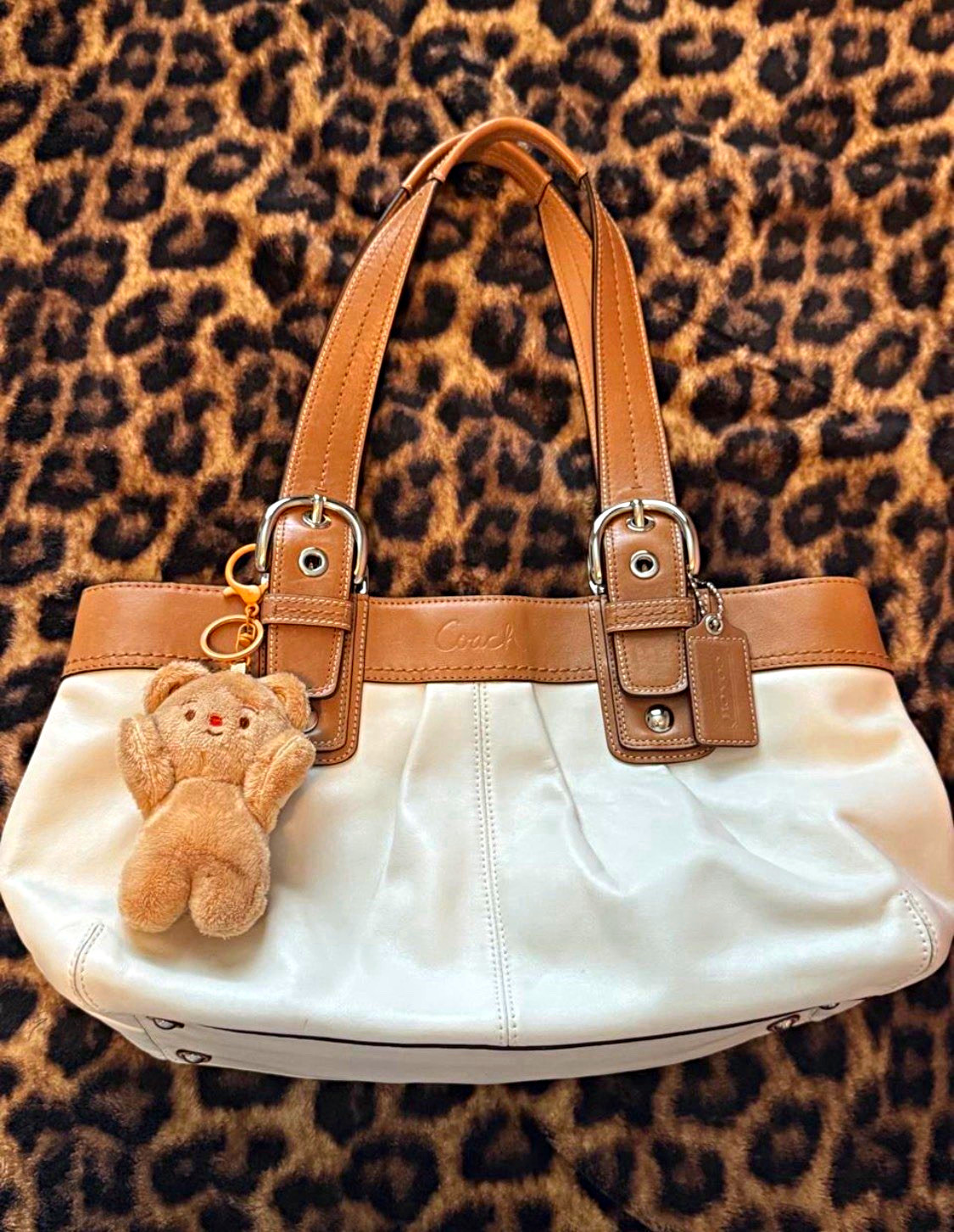Coach White/Brown Shoulder Bag Zip Double Handles Teddy Bear Charm Silver