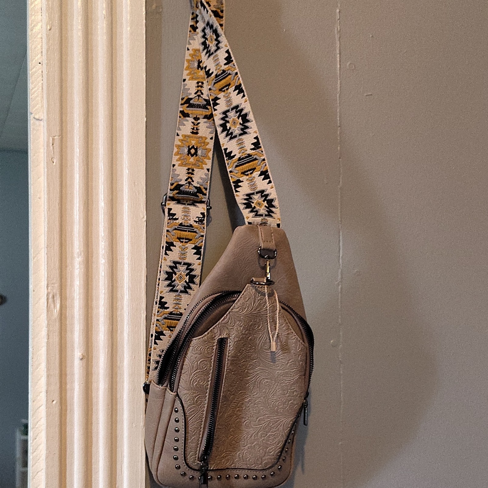 Women’s Taupe Embossed Crossbody Bag Aztec Multicolor Strap Zip Studded