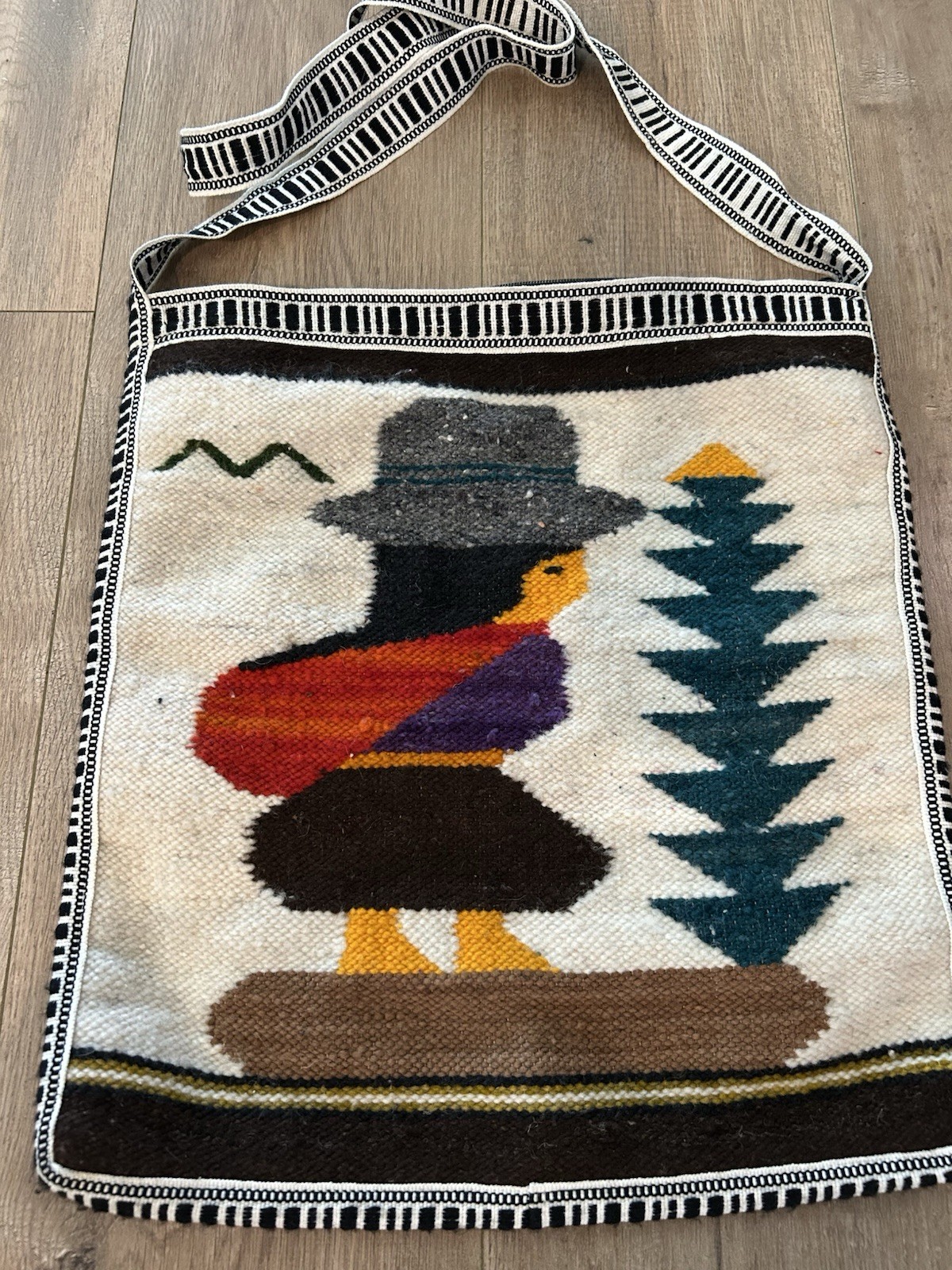 Vintage Peruvian Style Wool Tapestry Bag Folk Art Person Southwestern Boho Purse