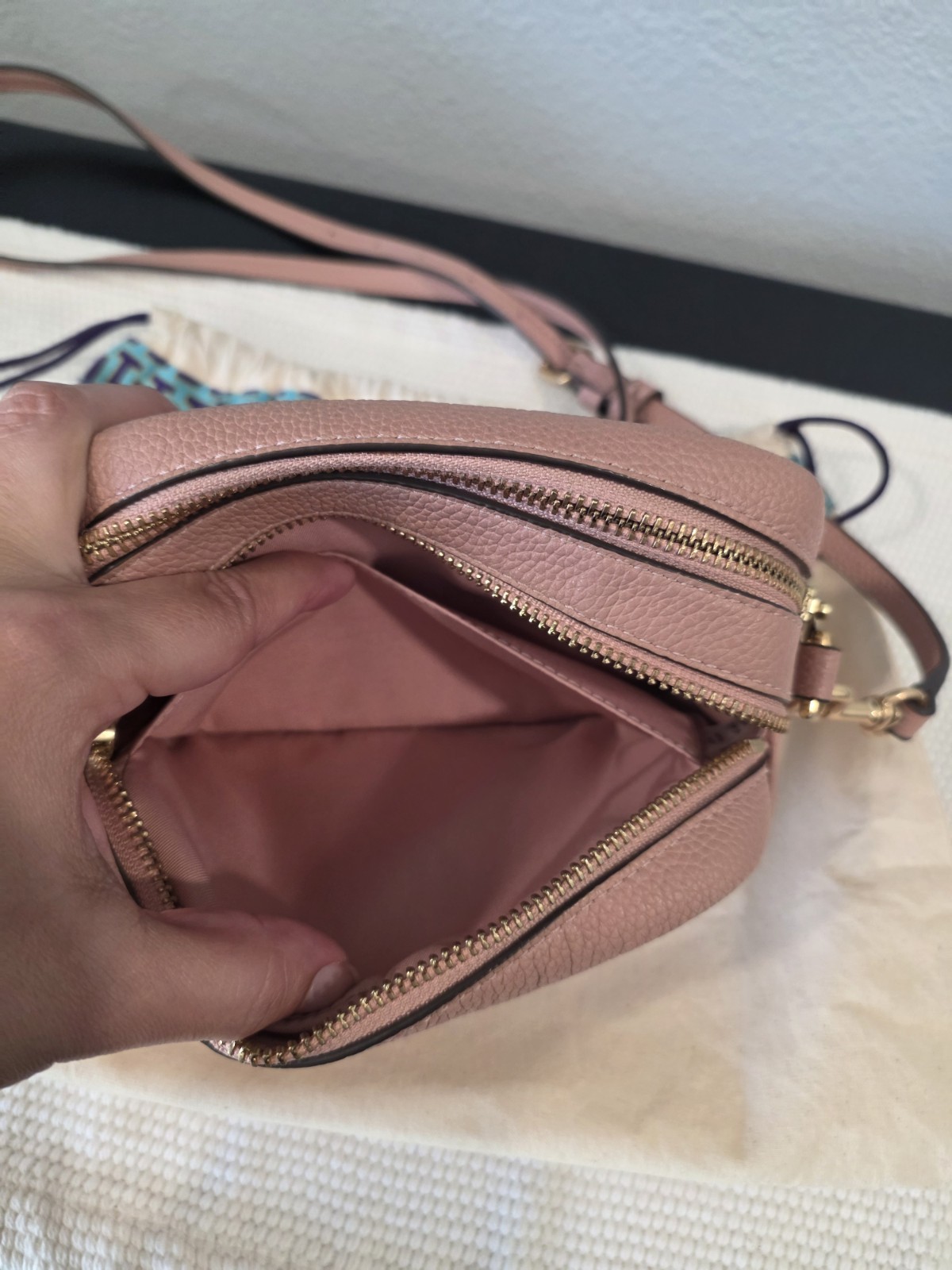Tory Burch Light Pink Pebbled Crossbody Bag Double Compartment Gold Hardware