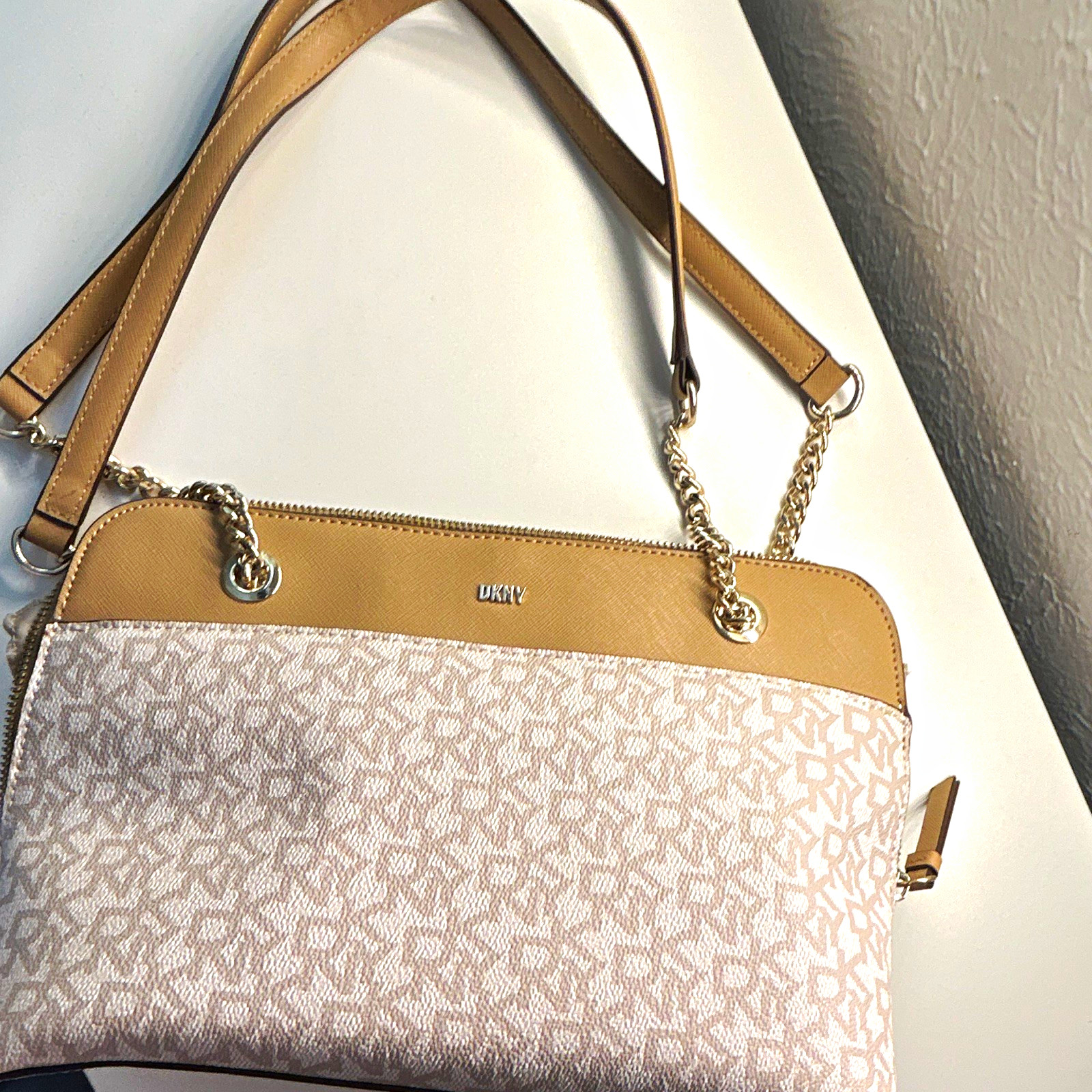 DKNY Beige Monogram Logo Bag Tan with Gold Chain in excellent condition.