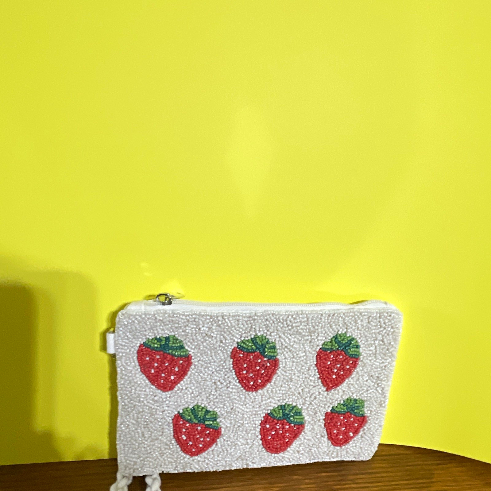 White Beaded Strawberry Small Zip Clutch Wristlet Purse w/ Wrist Strap