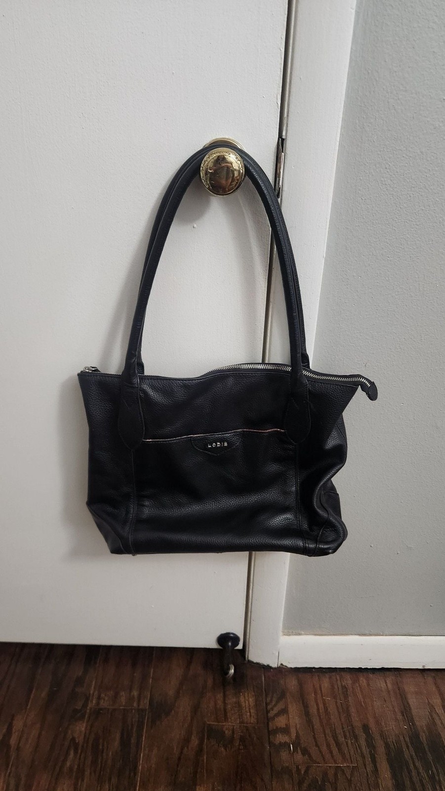 Lodis Black Pebbled Leather Shoulder Tote Bag with Floral Interior