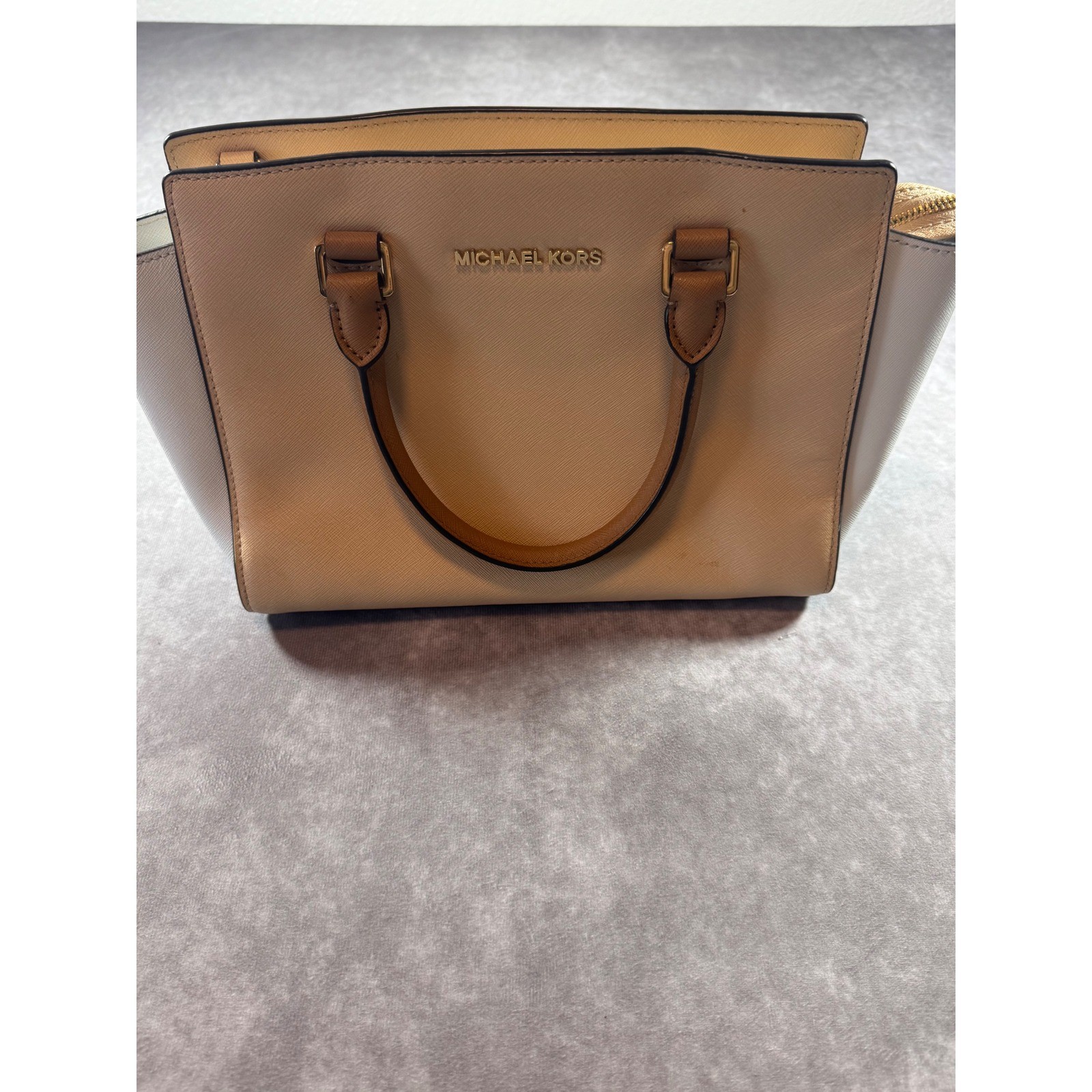 Michael Kors Selma Medium Satchel Bag Cream Tan White Saffiano Leather Handbag