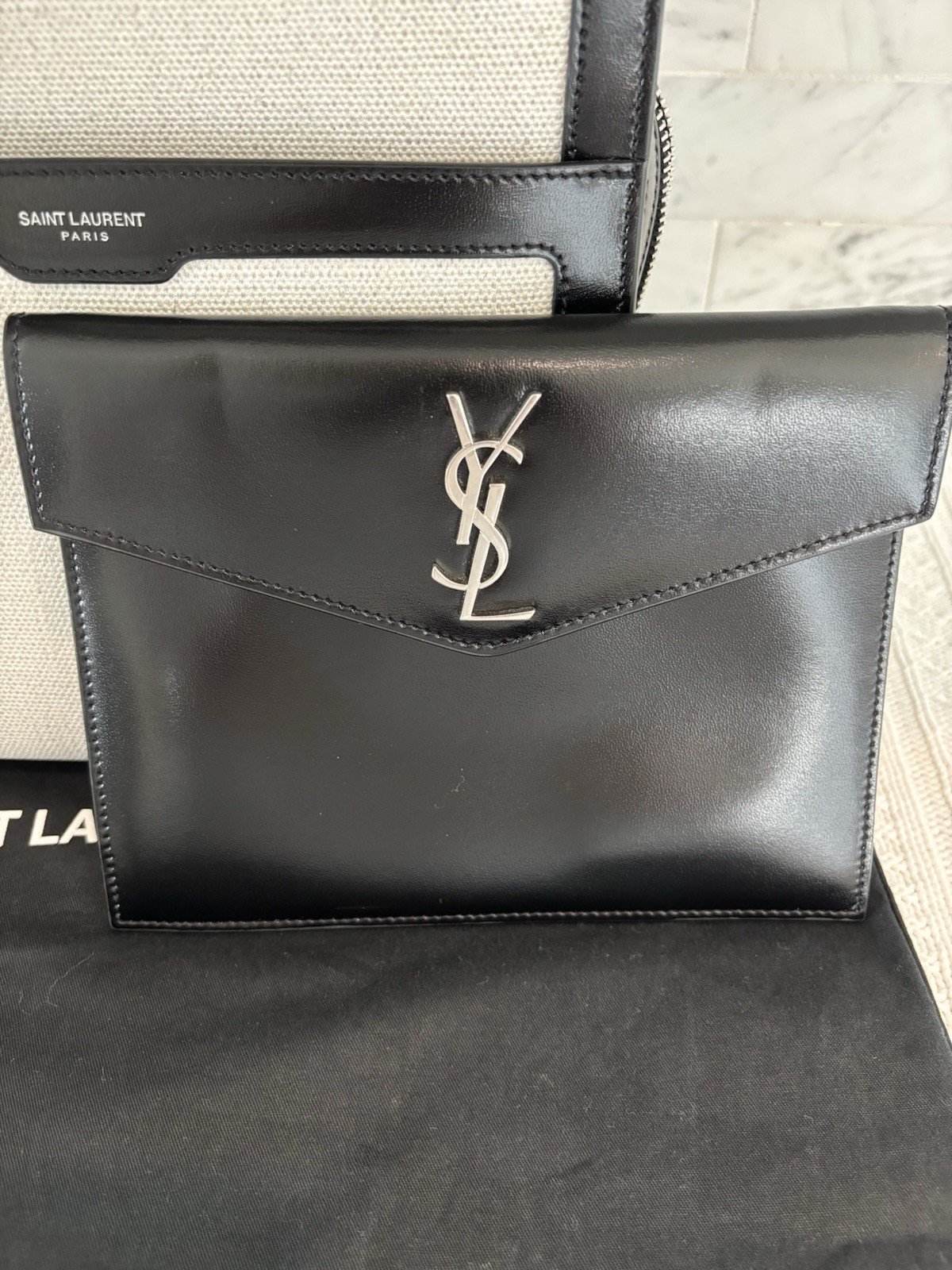 YSL Saint Laurent Uptown NWT Linen & Black Leather Mini With Removable Pouch