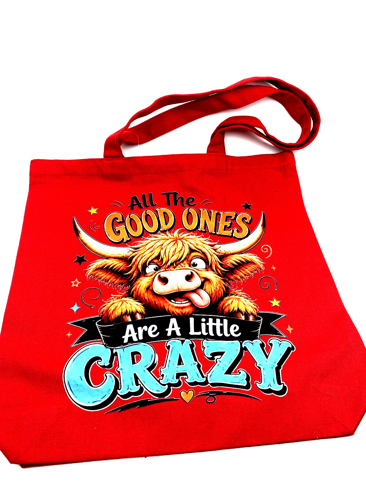 Cow Little Crazy Tote Bag Graphic Cotton Canvas Carry Handle Red 13.5x 13.5