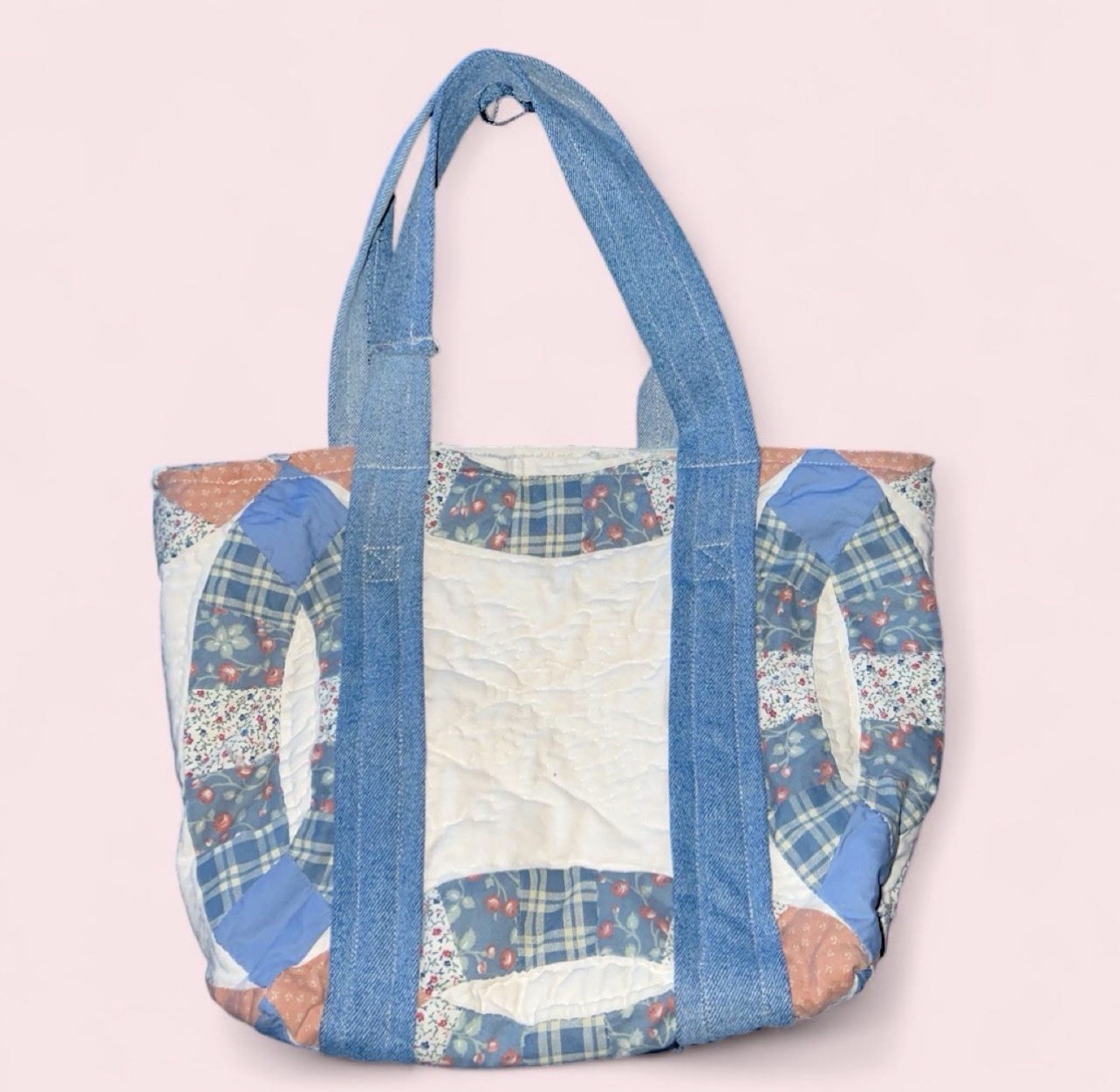 Upcycled Vintage Double Wedding Ring Quilt Tote Bag – Handmade Boho Denim Purse