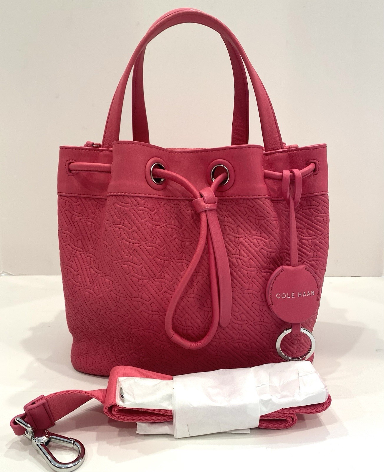 Cole Haan GrandSeries Village Weave Drawstring Tote Punch Pink Leather Bag