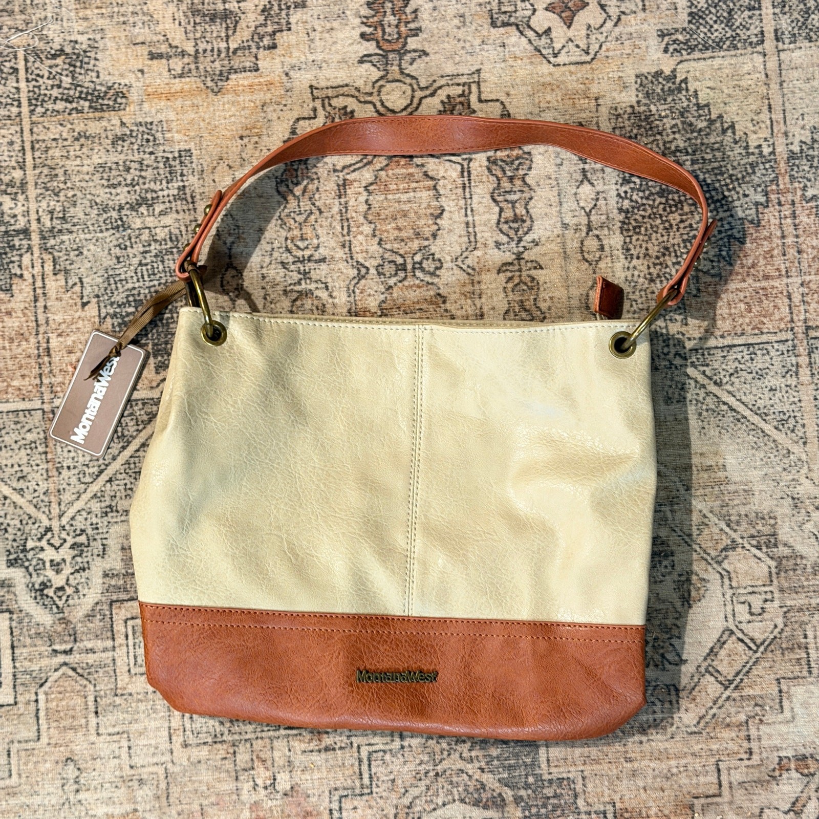 Montana West Cream & Tan Hobo Shoulder Bag Purse Faux Leather NWT