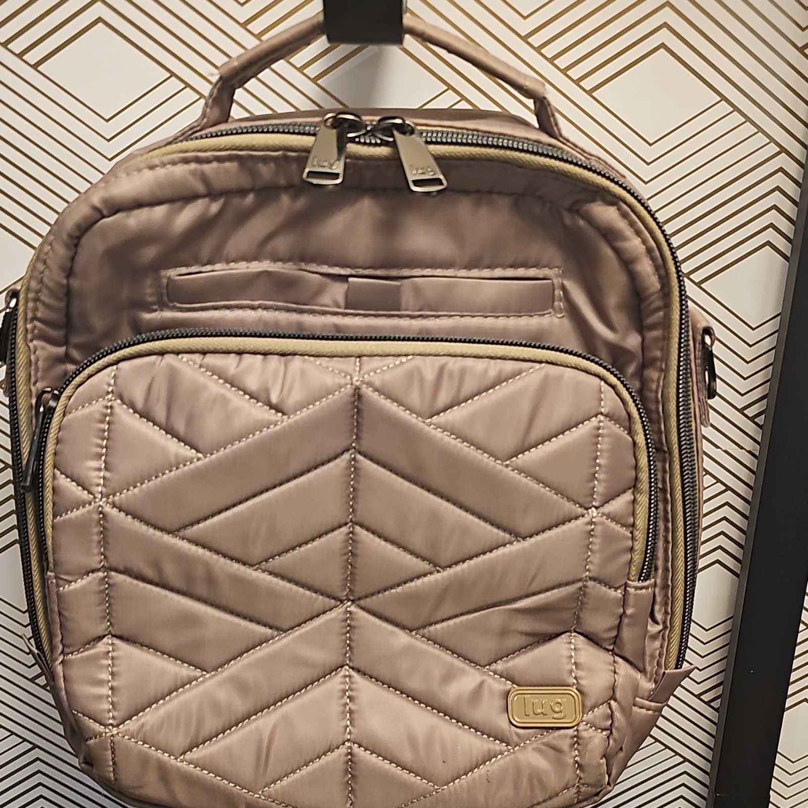 Lug Ranger Taupe Quilted Backpack Purse Zip Pockets Top Handle Detachable Strap