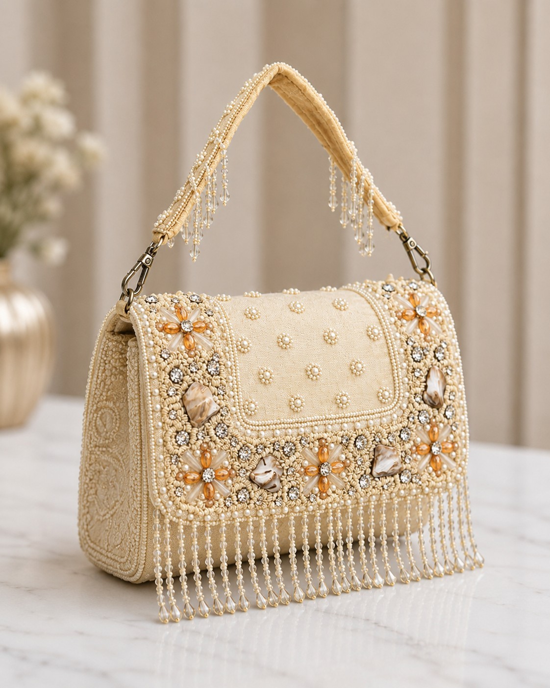LuxeNest Ivory Beaded Evening Bag Pearl Crystal Embellished Wedding Party Purse