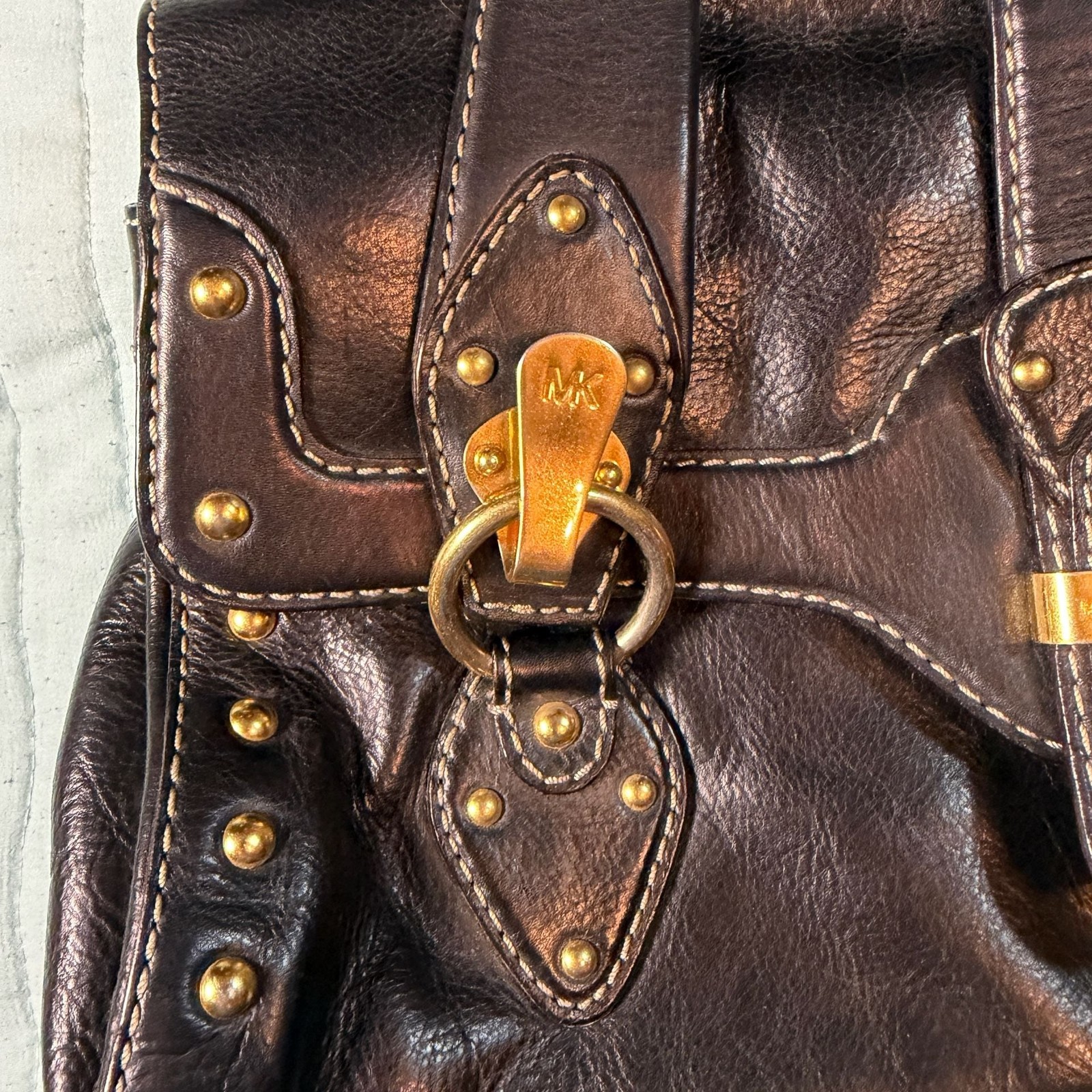 Michael Kors Vintage Black Leather Studded Handbag with Gold-Tone Hardware