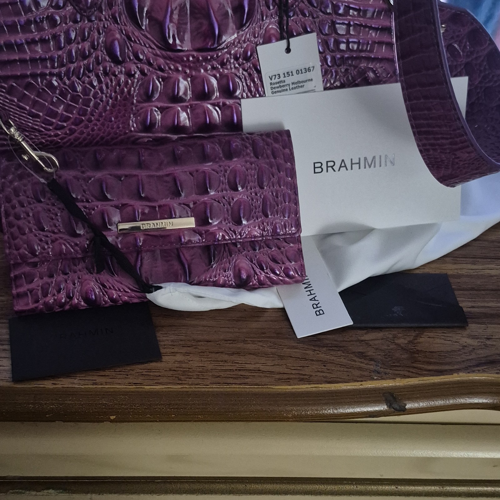 Brahmin Purple Crocodile-Embossed Satchel w/ Strap + Wallet