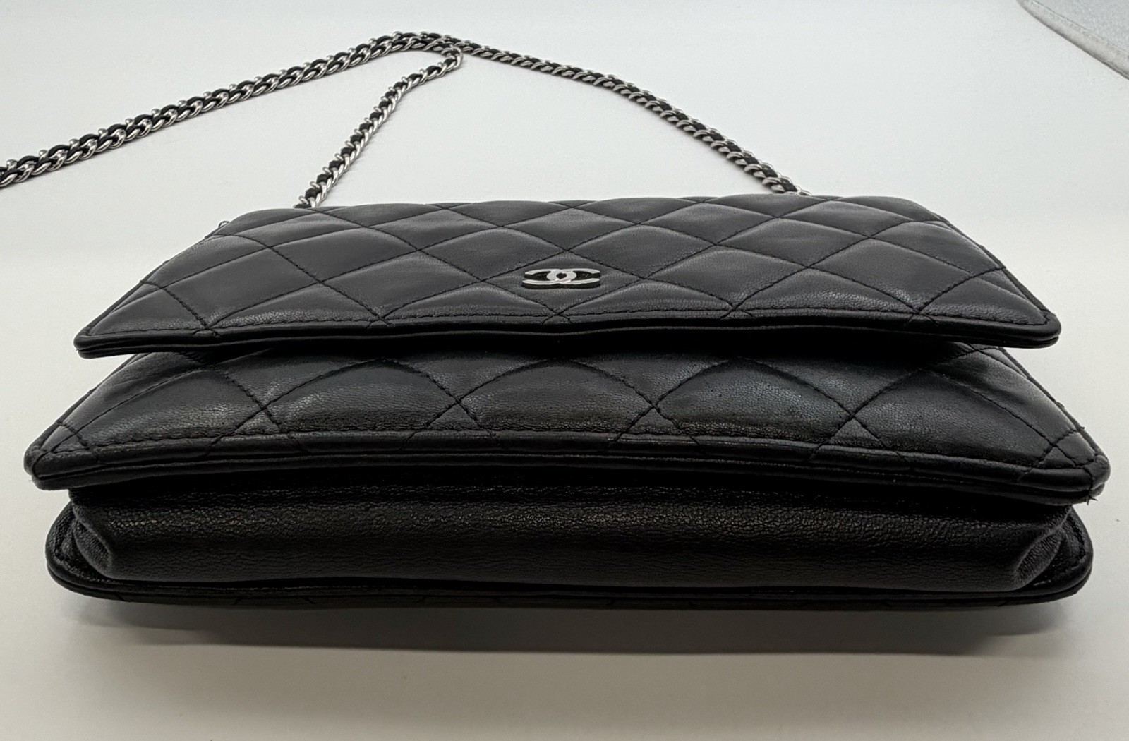 Chanel Black Lambskin O Mini Bag WOC Silver Hardware Original Box Receipt Card