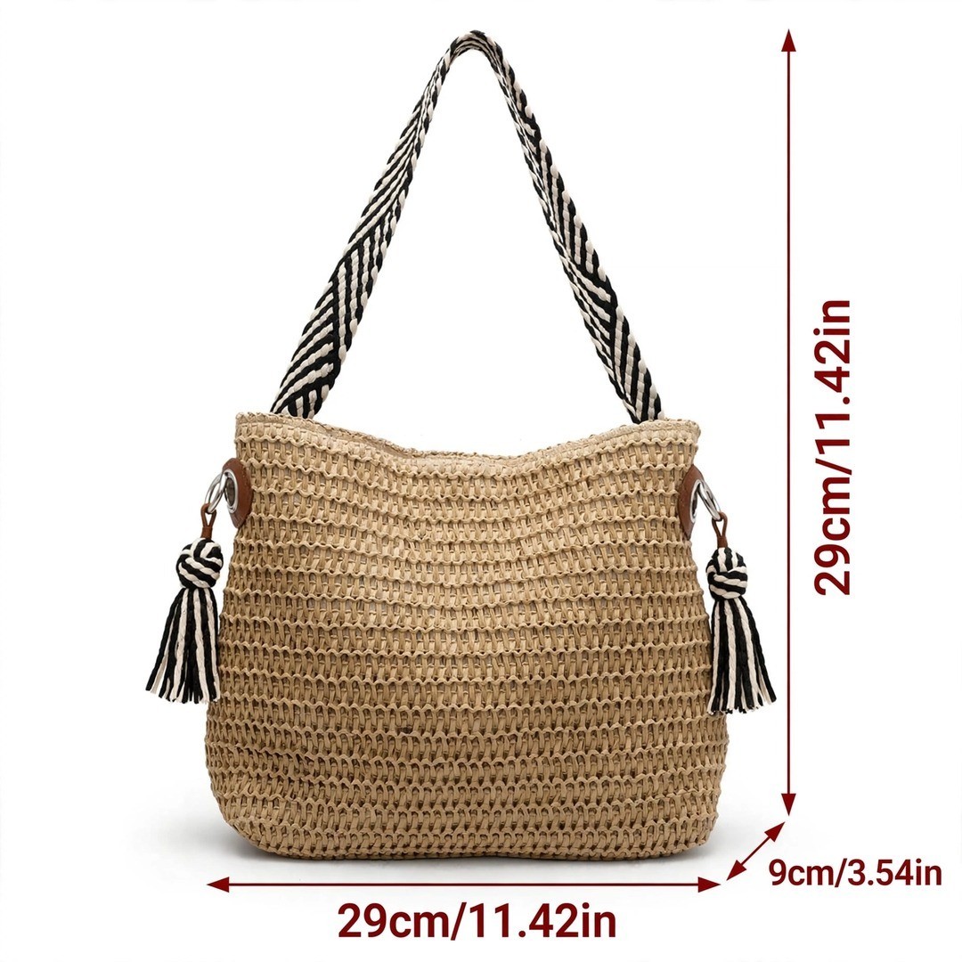 Shoulder Bag Tote Khaki,Straw Like Lined Summer,Beach bag