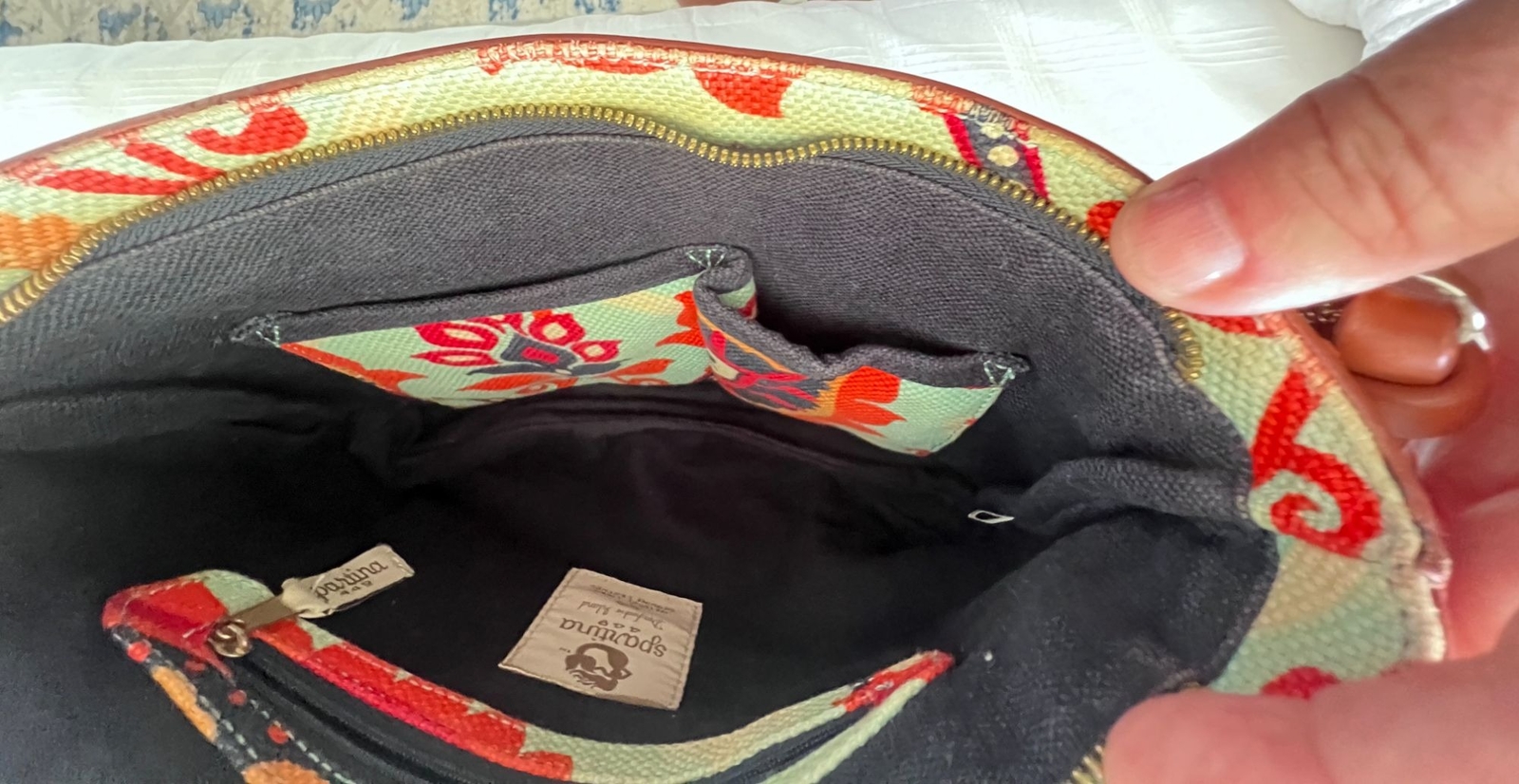 Spartina 449 Waving Girl Linen Crossbody Hipster Bag with Brown Leather Accents