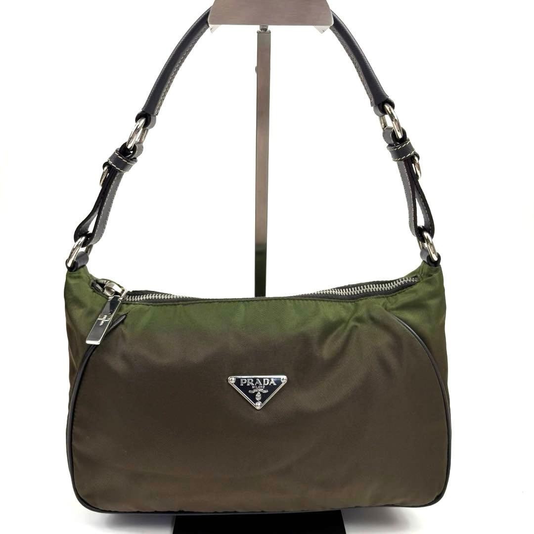 PRADA vintage nylon shoulder bag accessory pouch khaki olive triangle logo