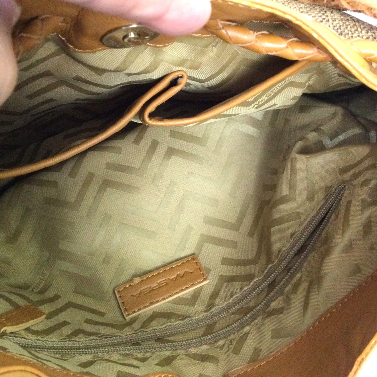 Via Spiga Fabric Leather Trim Slip Single Woven Handle Brown Bagette Handbag