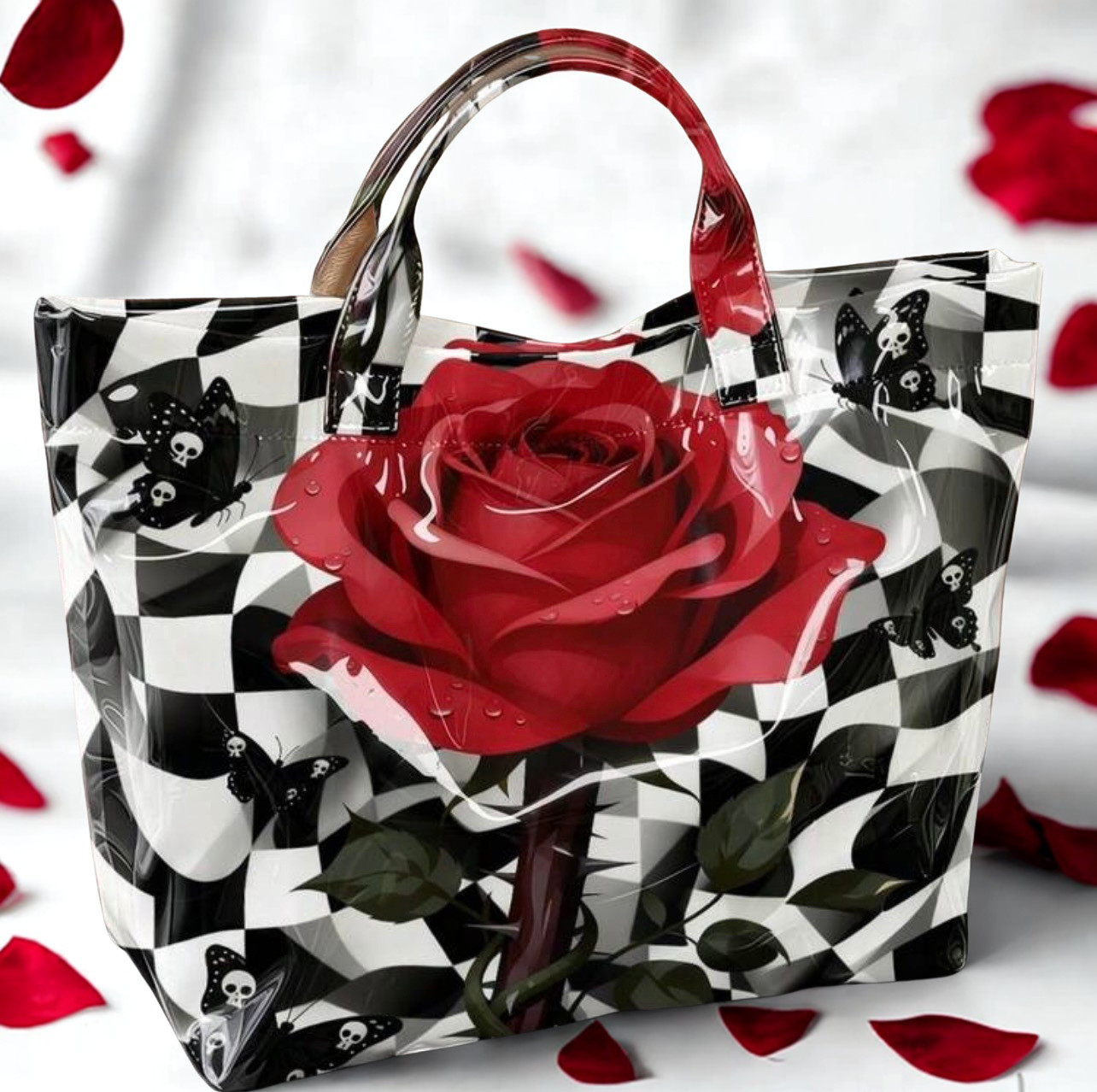 Black White Checker Rose Skull Butterfly PVC Tote Bag Large Capacity Waterproof